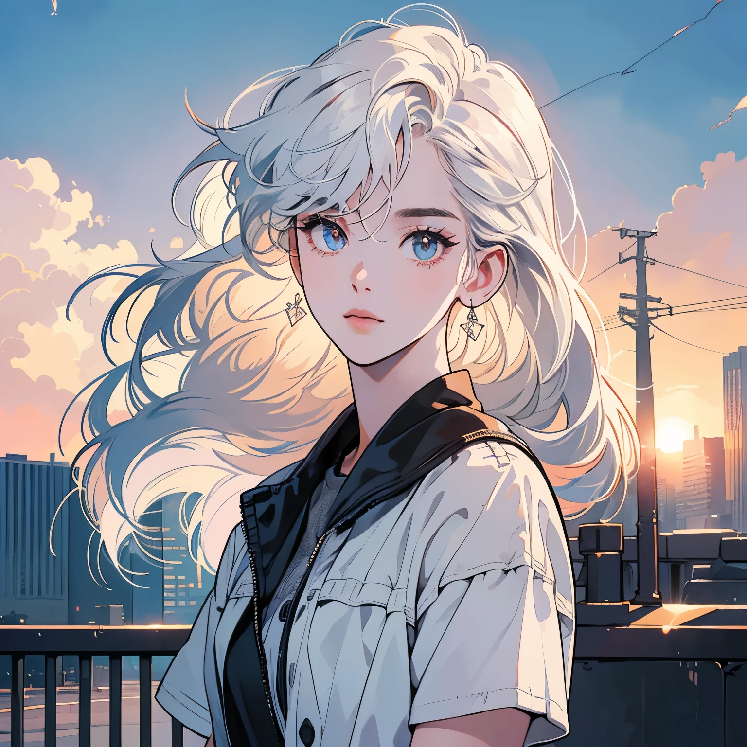 upper body, 1 woman, top quality, 8K, wind blowing, white short sleeves, sunset, future city, skyscraper, power lines, crosswalk, sign, railroad tracks, train station, (((shining eyes))), white hair, detailed hair, complex background, detailed details, light lighting, backlight, dim, clouds in sky, Front,(((Various hairstyles and hair lengths))),(((mysterious)))