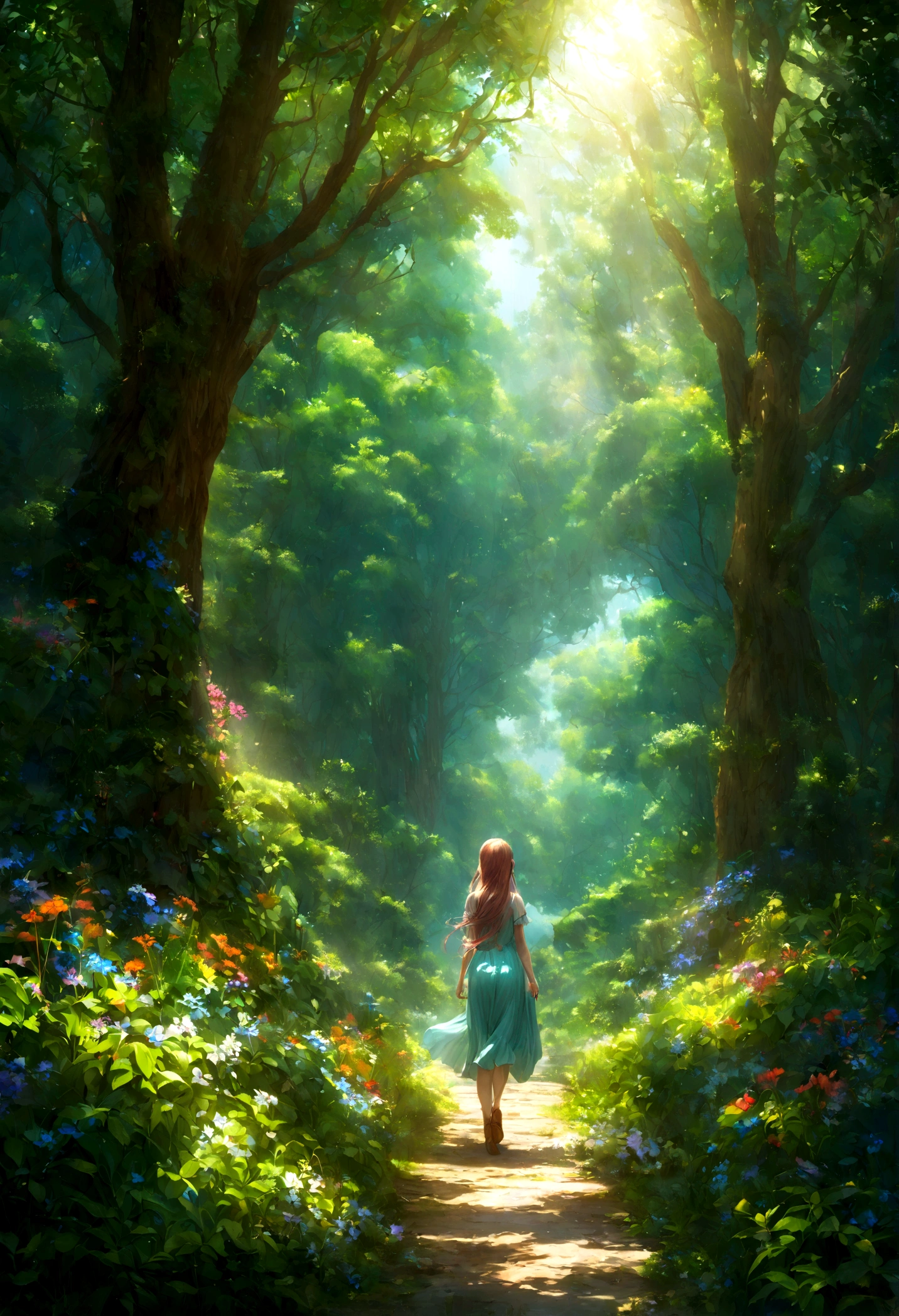 daytime,A walks in a dense forest in the United States, Sunlight shines through the tree canopy. In the distance, Not city lights, She was drawn to the vibrant colors of the wildflowers and the tranquil beauty of the waterfalls.. This scene was shot from the back., Highly detailed foliage and natural elements digitally rendered.
