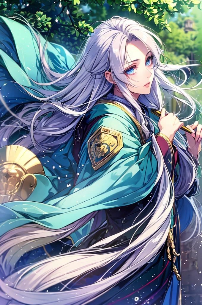  (masterpiece, 8k, Absurd, Digital Art, Digital Illustration, Realistic, Very detailed, Realistic lighting), (Perfect Face, Perfect Eyes, Perfect body), male,1 person, male的な, Adult,good looking, Sharp features,White Hanfu, Long silver hair, Delicate eye depiction, good looking, Fairies Dance, With a fancy umbrella, Ancient style, haze, floating, wide sleeve robe, Dynamic pose, Dramatic composition, Flying hair
