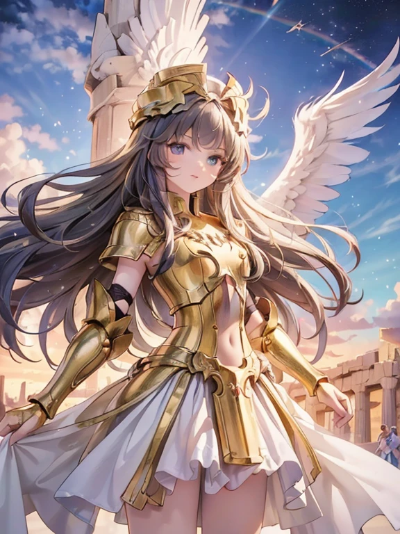 masterpiece, highest quality, Very detailed, 16k, Ultra-high resolution, Cowboy Shot, Detailed face, Perfect Fingers, One female, aged 14, Greece, Dreamscape, In front of the Parthenon, GeminiArmor:1.5, Golden Armor, Helmet