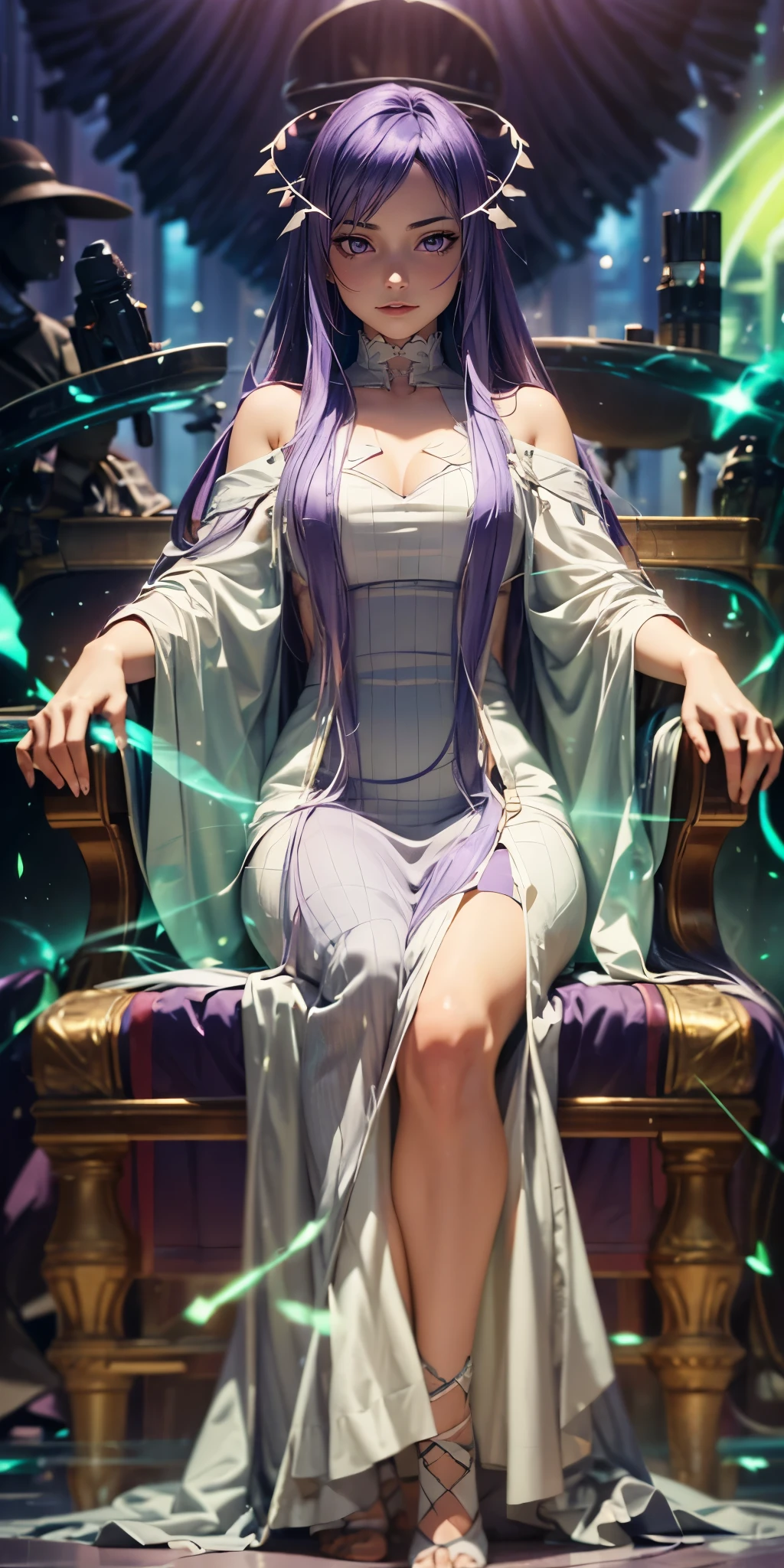 quinella, long hair, light purple hair, purple eyes, long hair, parted bangs, very long hair, hair ornament, 1girl, sitting, solo, jewelry, earrings, throne, dress, full_body, bare_shoulders, looking_at_viewer, crown, breasts, white_dress, simple_background, (shaded face:1.2), hollow eyes, purple eyes, looking at viewer, smirk, upper teeth, glowing eyes, "glow effects, godrays, Hand drawn, render, 8k, octane render, cinema 4d, blender, dark, atmospheric 4k ultra detailed, cinematic, Sharp focus, big depth of field, Masterpiece, colors, 3d octane render, 4k, concept art, trending on artstation, hyperrealistic, Vivid colors, extremely detailed CG unity 8k wallpaper, trending on CGSociety, Intricate, High Detail, dramatic"