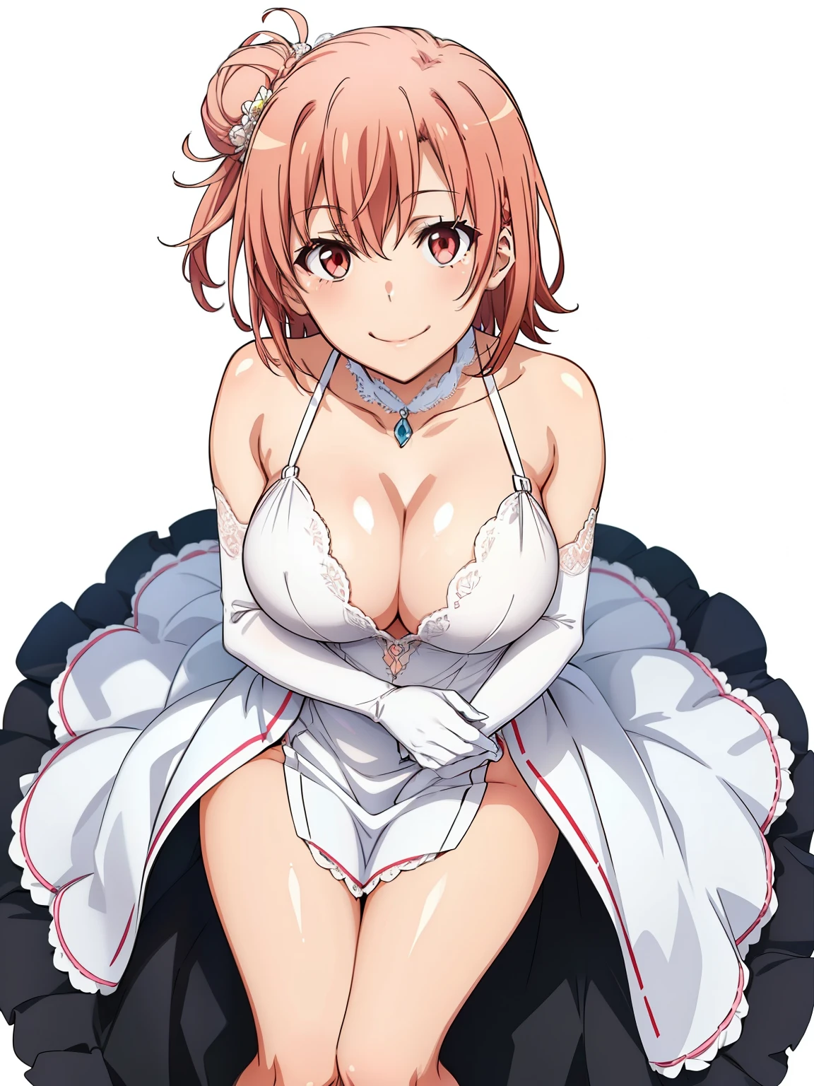 ((masutepiece, Best Quality, hight resolution, nffsw, Perfect Pixel, depth of fields, 4K, )), 1girl in, Solo, , Beautiful anime girl, Beautiful Art Style, Looking at Viewer, Perfect body, Yuigahama Yui, Short hair, thighs thighs thighs, pink hair, hairbun, braid, (large boob), cleavage, smile, wedding dress, white gloves, seductive, blank white background, shot from above