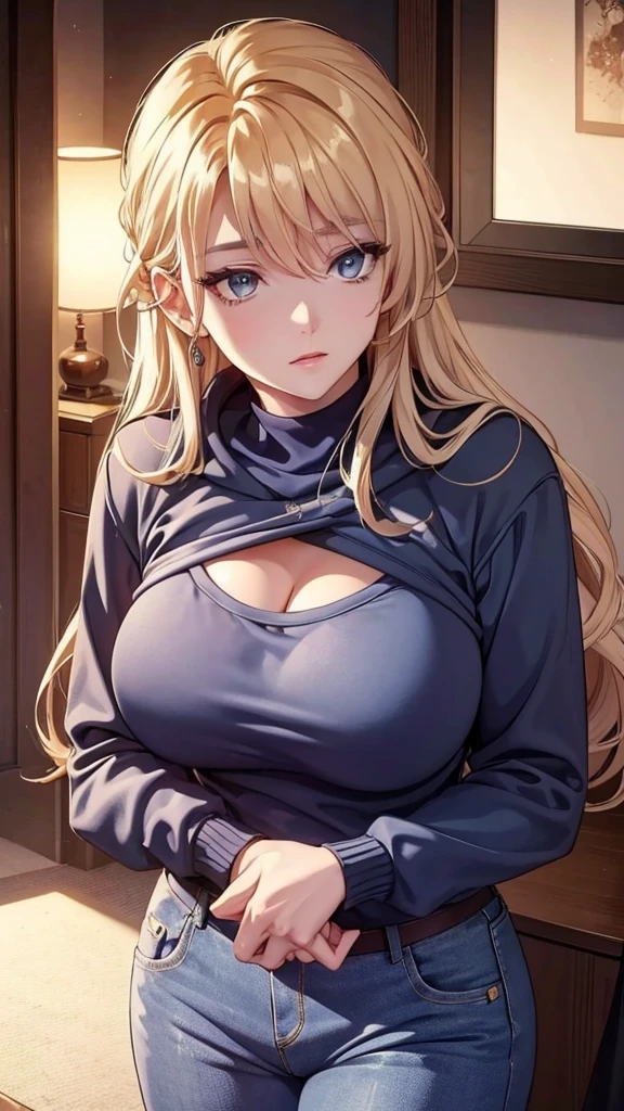 A beautiful woman with large breasts, wearing a sweatshirt and jeans, showing cleavage, highly detailed, 4k resolution, photorealistic, portrait, cinematic lighting, warm color palette