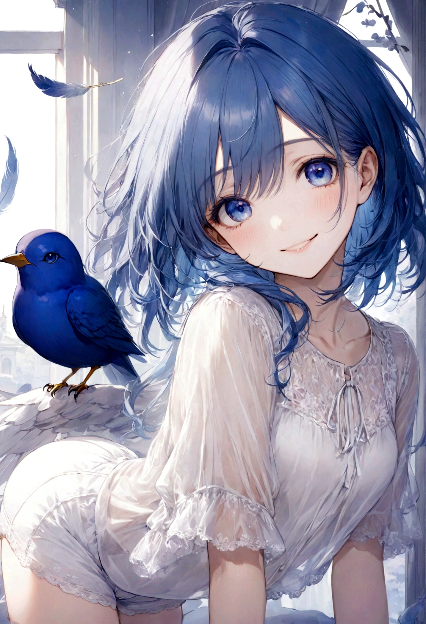 ((top-quality)), ((masterpiece)), ((ultra-detailliert)), (extremely delicate and beautiful), bright blue haired girl, sapphire blue eyes, girl is wearing sheer white shirt, girl is wearing sheer white shorts, graceful smile, sweet smile, relaxed expression, fair complexion, round bird, dark purple bird, feathers in the background