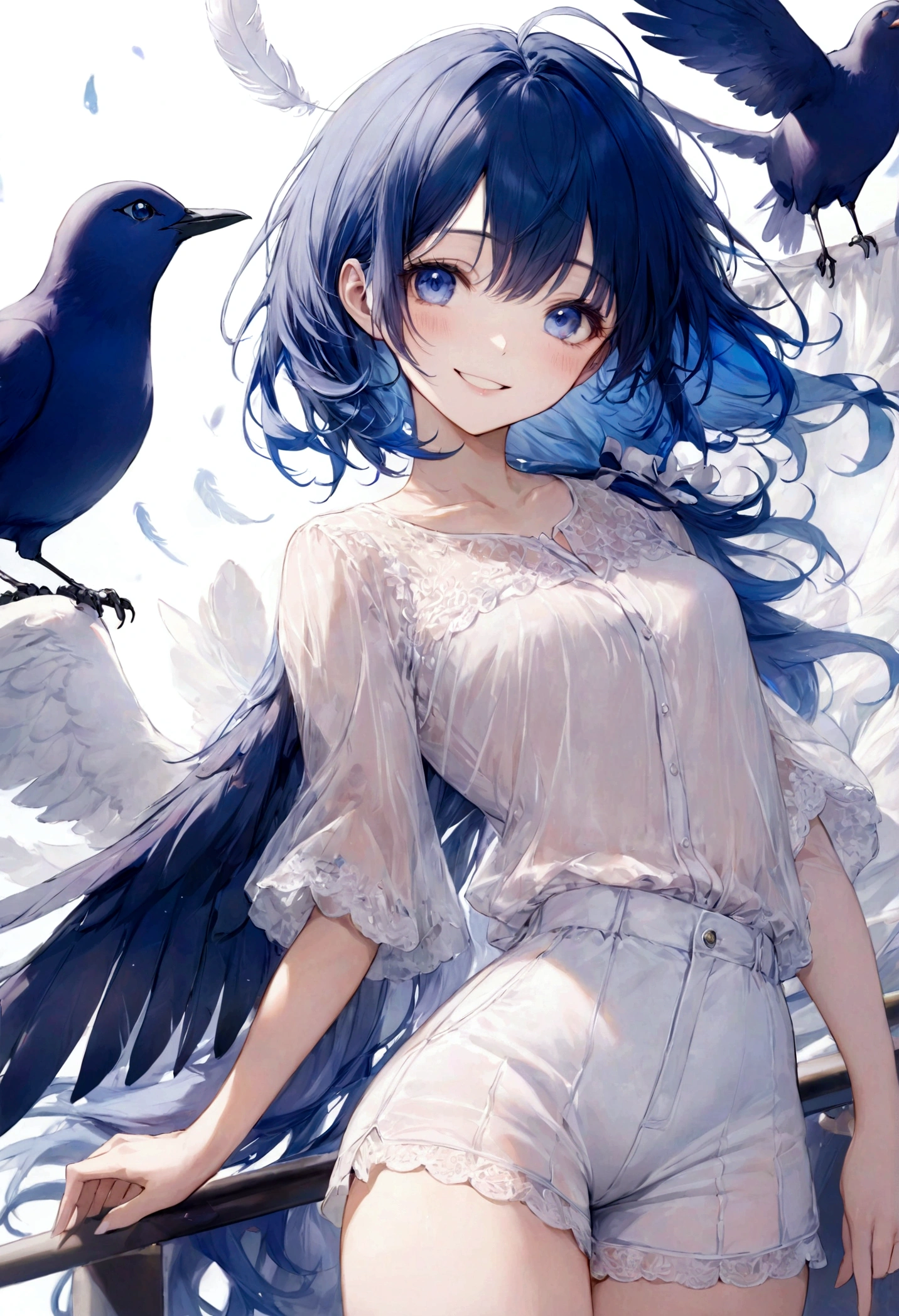 ((top-quality)), ((masterpiece)), ((ultra-detailliert)), (extremely delicate and beautiful), bright blue haired girl, sapphire blue eyes, girl is wearing sheer white shirt, girl is wearing sheer white shorts, graceful smile, sweet smile, relaxed expression, fair complexion, round bird, dark purple bird, feathers in the background