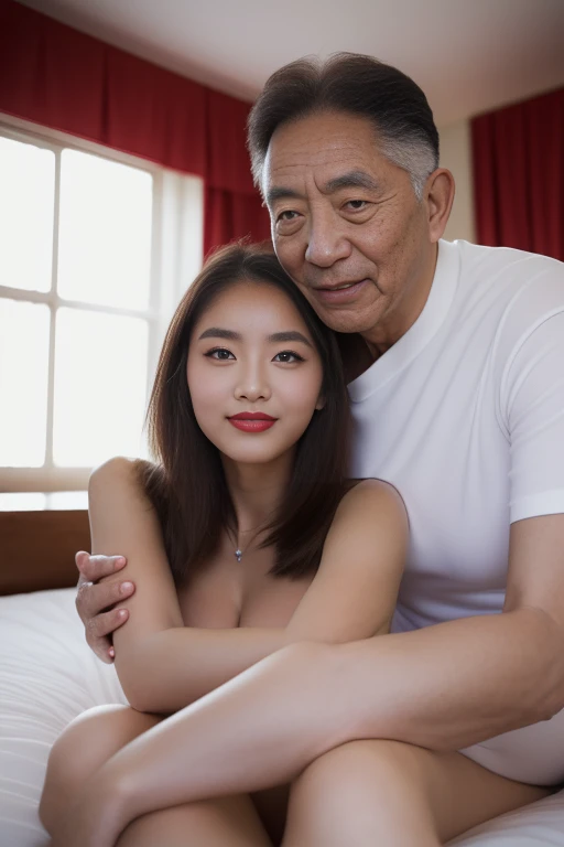 top-quality, masterpiece, (((80 years old korean man and 20 years old European girl couples))), (((gorgeous and hot European girl, bightly smile , sexy girl with blue eyes, blonde hair and large eyes, looking directly at the camera, red lips, sitting on bed, medium to large size bust))), (old korean man white shirt), in the bedroom, correct hands, young European girl hugging old korean man, (((80 years old korean man hugging young European girl))),