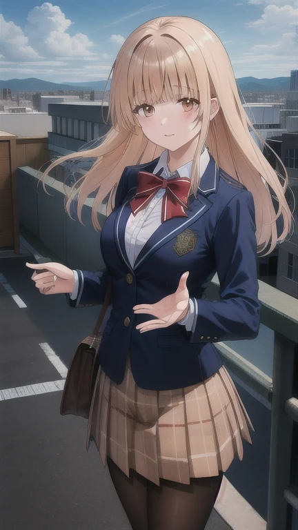 masterpiece, best quality, highres, Shiina Mahiru, long hair, red bowtie, blue jacket, blazer, long sleeves, plaid skirt, brown skirt, pantyhose, reaching out, city, rooftop, sky, standing
