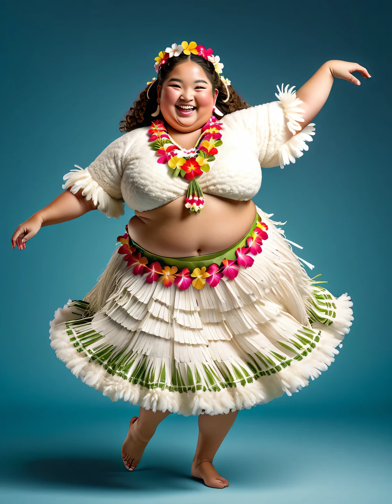 photorealistic portrait of Dressed animals - a ((fat)) sheep hula dancer,(hula dancing:2.0), (swinging arms :2.0),(happy smile:1.2),high quality,(happy),(lovely) ,intricate details, (furry), highly detailed ((female hula dance costume)) ,highly detailed decorations, wearing (bikini) and flower lei , (happy), studio lighting,(full body image:1.5),simple background,(viewed from side:2.0),
