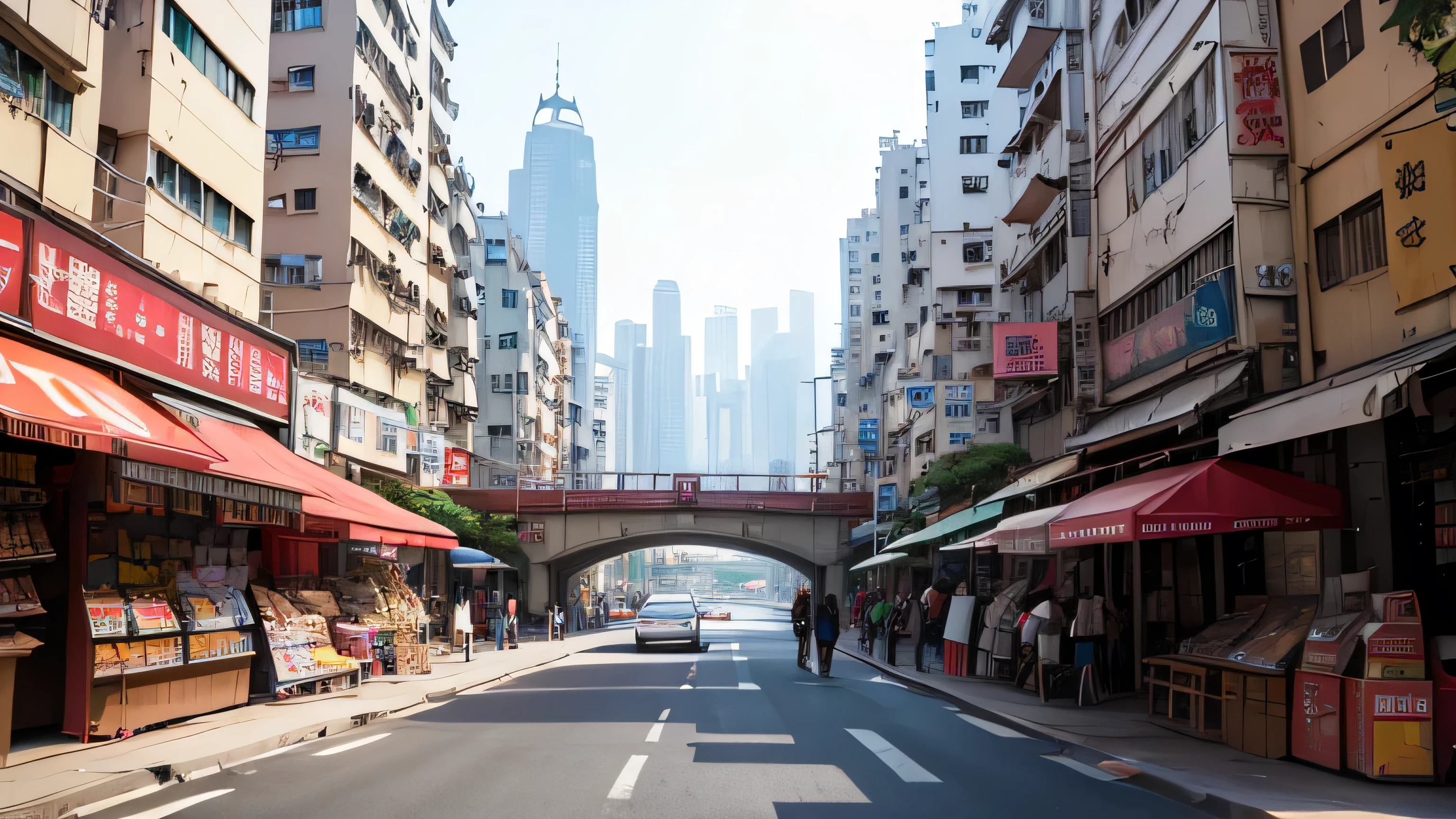 Inner City background hong kong, worms eye view. foreground is a bridge. A lot of merchants on the street, lots of vending machines. no people, symetric