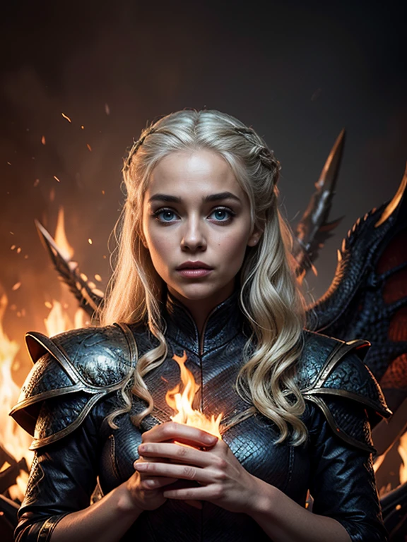 best quality,4k,8k,highres,masterpiece:1.2,ultra-detailed,realistic:1.37,Daenerys Targaryen, beautiful detailed eyes,beautiful detailed lips,extremely detailed eyes and face,longeyelashes,dragon queen,blond hair,piercing blue eyes,queen's gown,confident expression,regal posture,dramatic lighting,fire-breathing dragon,creative portrait,emotional portrait,vivid colors,Game of Thrones fan art,medieval fantasy,stylized artwork,smoke and fire effects,dragons flying in the background,throne room setting,fiery atmosphere,powerful and majestic,A Song of  and Fire,large scale mural,rich textures,depth and dimension,ethereal and captivating scene, sexy, alluring