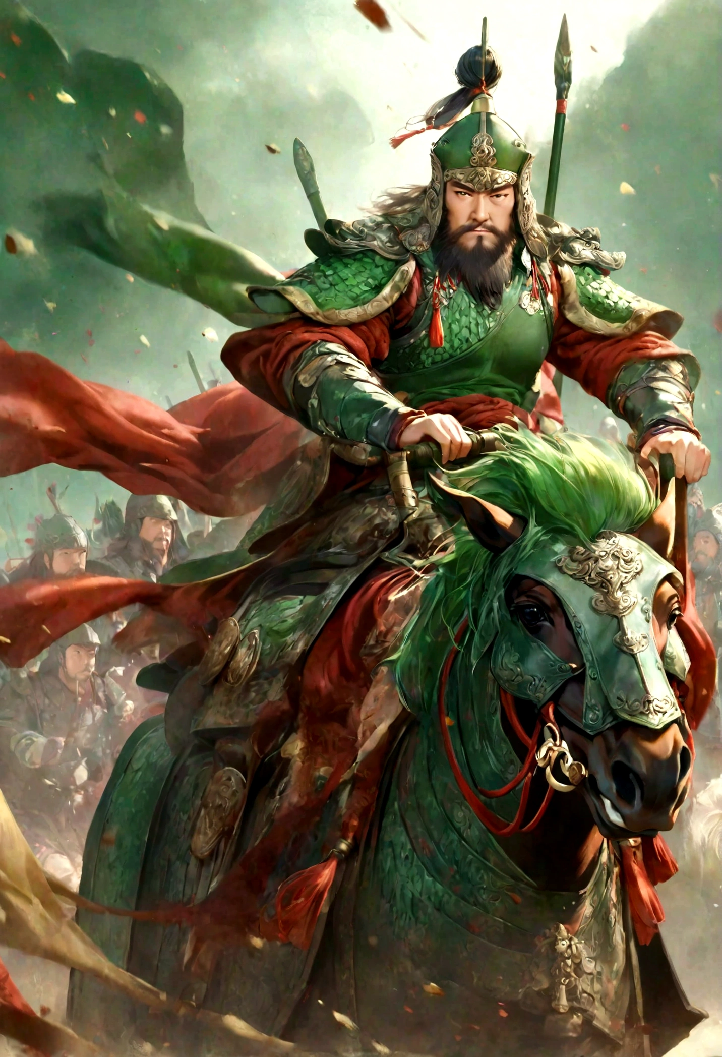 Guan Yu Riding Alone,momentum,Awesome,Strong body,Magnificent,Perfect composition,Very artistic illustration,masterpiece。