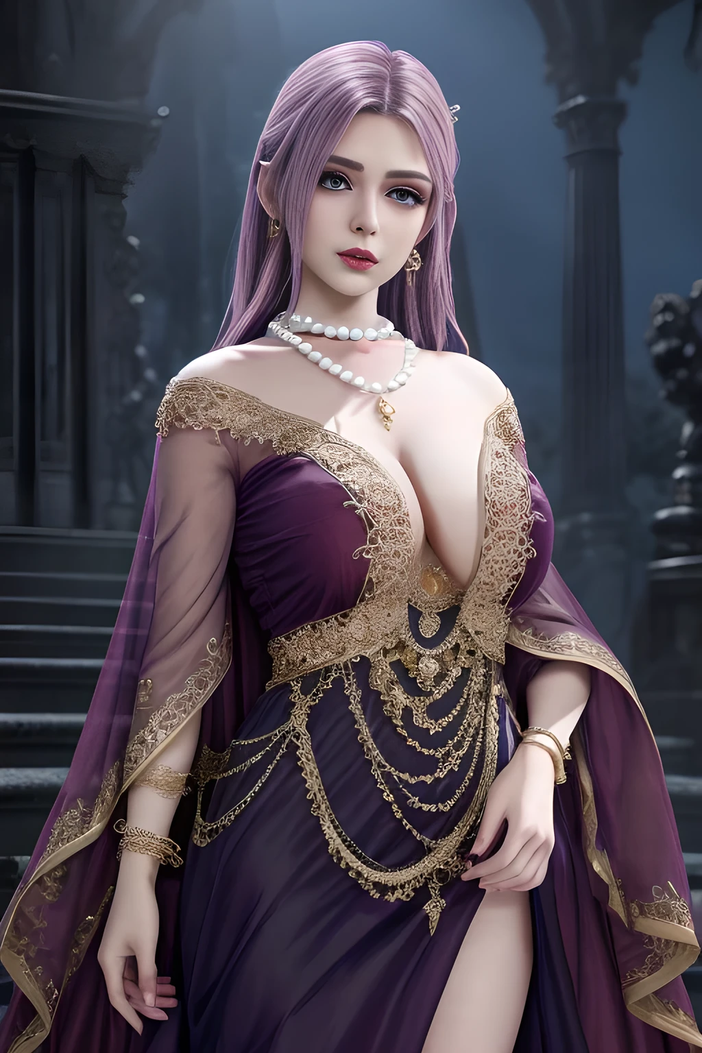 1girl, ice-crystal embellished dress, unclothed body, jewel, lace cloak, fluffs, pearl bodychain, beautiful detailed eyes, beautiful detailed lips, extremely detailed eyes and face, long eyelashes, best quality, 4k, 8k, highres, masterpiece, ultra-detailed, realistic, photorealistic, photo-realistic, ethereal glow, regal elegance, intricate details, luxurious, otherworldly beauty, dark atmospheric background, supernatural aura, elise,