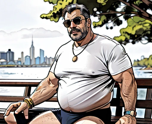 He is sitting with his legs open and resting one arm on the park bench., He is a chubby man, with extremely thick thighs, a large belly, fat, 50 years old, bearded, with a huge beard, wearing an open, unbuttoned plaid t-shirt, (mature older strong man, hairy shoulders, bodybuilder , bulging muscles, wearing latex thong, barefoot, full body, face looks like Tom Selleck, smiling with teeth showing, walking towards me, wearing cool sneakers(futuristic), knee high socks(white), wearing reflective sunglasses, white hair on the sides,  ))), gold chain neck rings, watch on wrist, pulseiras no pulso, fotografia de Corpo completo imagem de corpo inteiro, low side angles. Detailed image dynamic image. He doesn&#39;t wear clothes.Only plump, chubby, extremely thick thighs, large belly, fat, "Two plump men with big guts, sporting ginger short hair and beards, They are wearing only underwear. The image is of the highest quality, with ultra-detailed realism and vivid colors. The lighting highlights every curve and texture, creating a visually stunning portrait.(b0ndage,strap, bondage outfit), lean on the bar, in nightclub, neno lights,