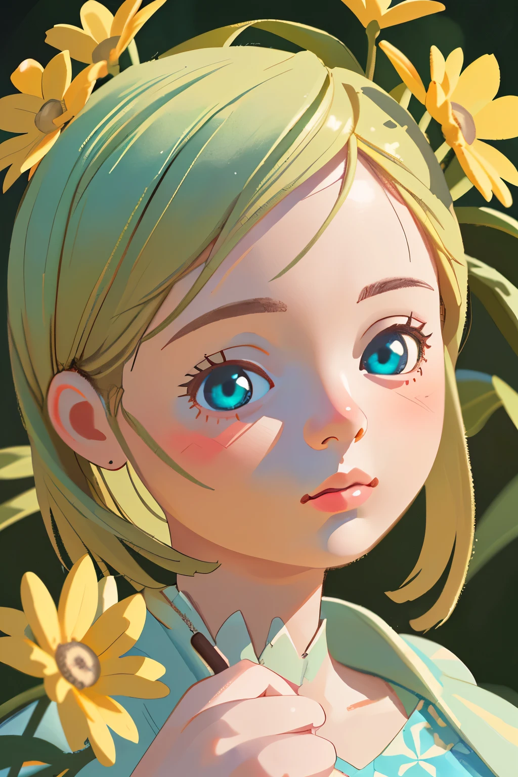 1girl, highly detailed, photorealistic, adorable chibi girl, holding a daisy in her left hand, plucking the petals of the daisy with her right hand, beautiful detailed eyes, beautiful detailed lips, extremely detailed face and hair, intricate floral dress, soft lighting, delicate petals, serene expression, pastoral garden background, vibrant colors, cinematic composition, masterpiece, (best quality,4k,8k,highres,masterpiece:1.2),ultra-detailed,(realistic,photorealistic,photo-realistic:1.37)