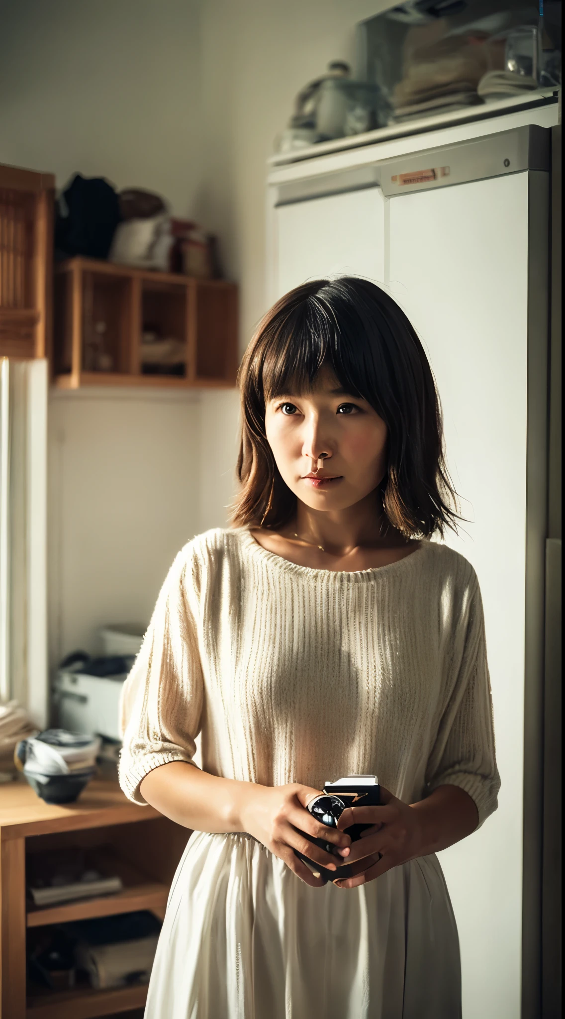 ((masterpiece:1.4、top-quality))、(photographrealistic:1.4)、profetional lighting、physically-based renderingt,Cowboy Shot,Medium Hair、layers-Cut、A dark-haired、extra detailed face、Detailed skin、(Beautiful japanese girl:1.05)、thin bunches of bangs、knit、White Room、white walls、Bright lighting