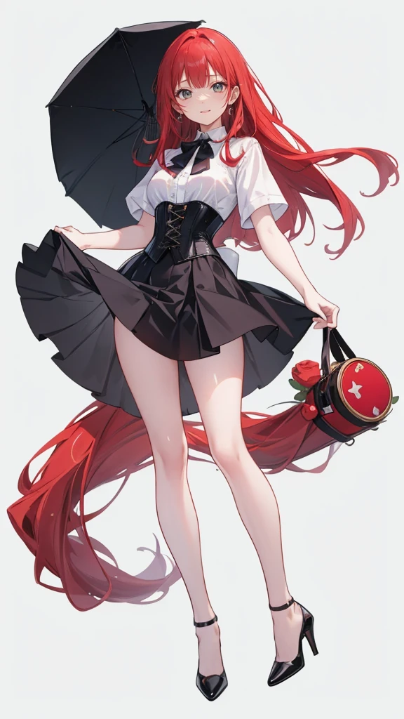 red Hair,long hair,Adult female,White Y-shirt,((Rolling up his sleeves)),(corset),(Black tight skirt),(High heels),Heels are visible,((Simple white background)),smile,((whole body)),((full body)),