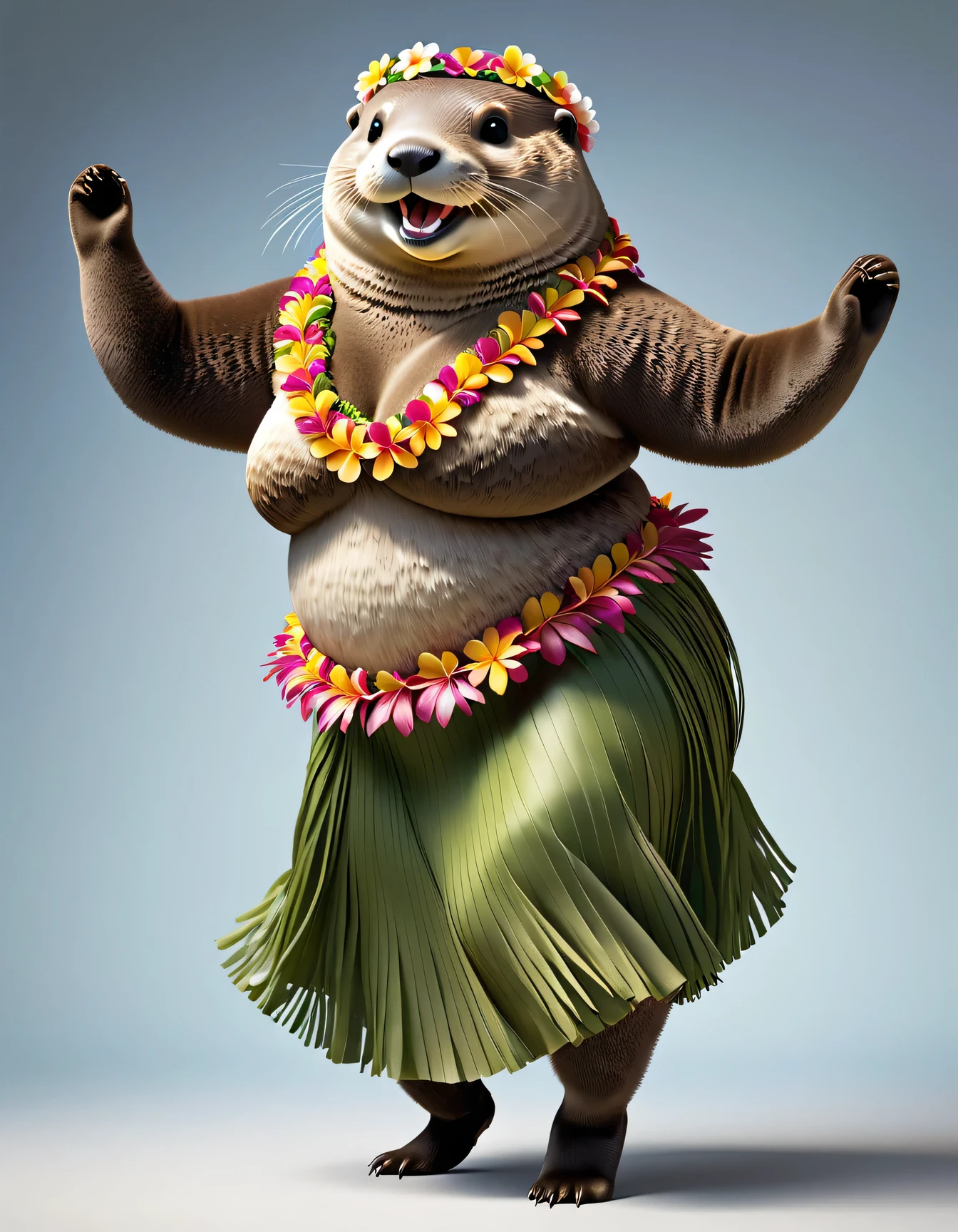 photorealistic portrait of Dressed animals - a ((fat)) otter hula dancer,(hula dancing:2.0), (swinging arms :2.0),(happy smile:1.2),high quality,(happy),(lovely) ,intricate details, (furry), highly detailed ((female hula dance costume)) ,highly detailed decorations, wearing (bikini) and flower lei , (happy), studio lighting,(full body image:1.5),simple background,(viewed from side:2.0),