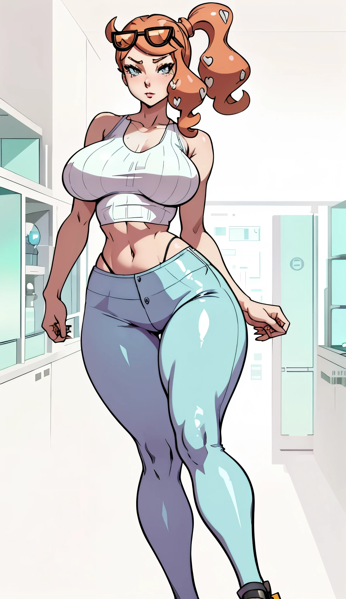 Sonia from pokemon, large breasts, sexy body, hi quality, masterpiece, tight pants, camisole, tank top, sci-fi white laboratory background