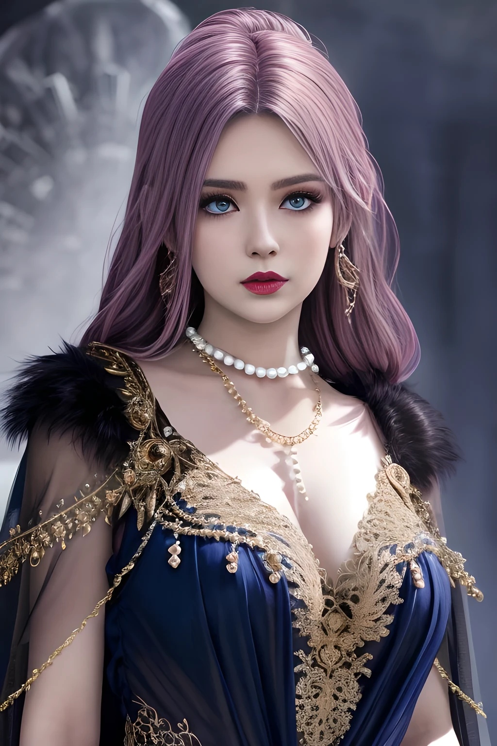 1girl, ice-crystal embellished dress, unclothed body, jewel, lace cloak, fluffs, pearl bodychain, beautiful detailed eyes, beautiful detailed lips, extremely detailed eyes and face, long eyelashes, best quality, 4k, 8k, highres, masterpiece, ultra-detailed, realistic, photorealistic, photo-realistic, ethereal glow, regal elegance, intricate details, luxurious, otherworldly beauty, dark atmospheric background, supernatural aura, elise,