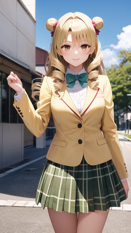 masterpiece, best quality, highres, 1girl, solo, long hair, blonde hair, double bun, drill hair, brown eyes, , green bowtie, blazer, yellow jacket, long sleeves, plaid skirt, green skirt, standing, cowboy shot, outdoors, smile,