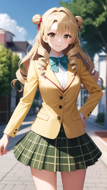 masterpiece, best quality, highres, 1girl, solo, long hair, blonde hair, double bun, drill hair, brown eyes, , green bowtie, blazer, yellow jacket, long sleeves, plaid skirt, green skirt, standing, cowboy shot, outdoors, smile,