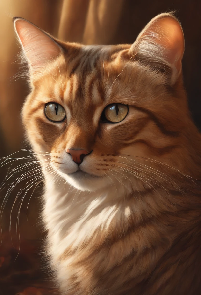 A very detailed drawing of a cat, realistic fur texture, beautiful detailed eyes, beautiful detailed nose and mouth, extremely detailed face, long whiskers, soft paws, curled tail, sitting in a cozy indoor setting, natural lighting, warm color palette, intricate background details, digital illustration, high resolution, masterpiece