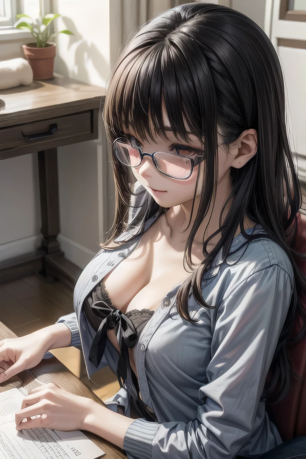 (Tabletop:1.0), (highest quality:1.4), (High resolution:1.2), From the side,Sharp contours,  boyish, highest quality, masterpiece,Glasses,Voice of the Heart,20-year-old woman,yandere,Big Breasts,Chest to chest,Lying face down,Upper Body,Ecstasy,saliva,blush,Squint your eyes,Heterochromia iridis,Tuck up your clothes,lure,backshot