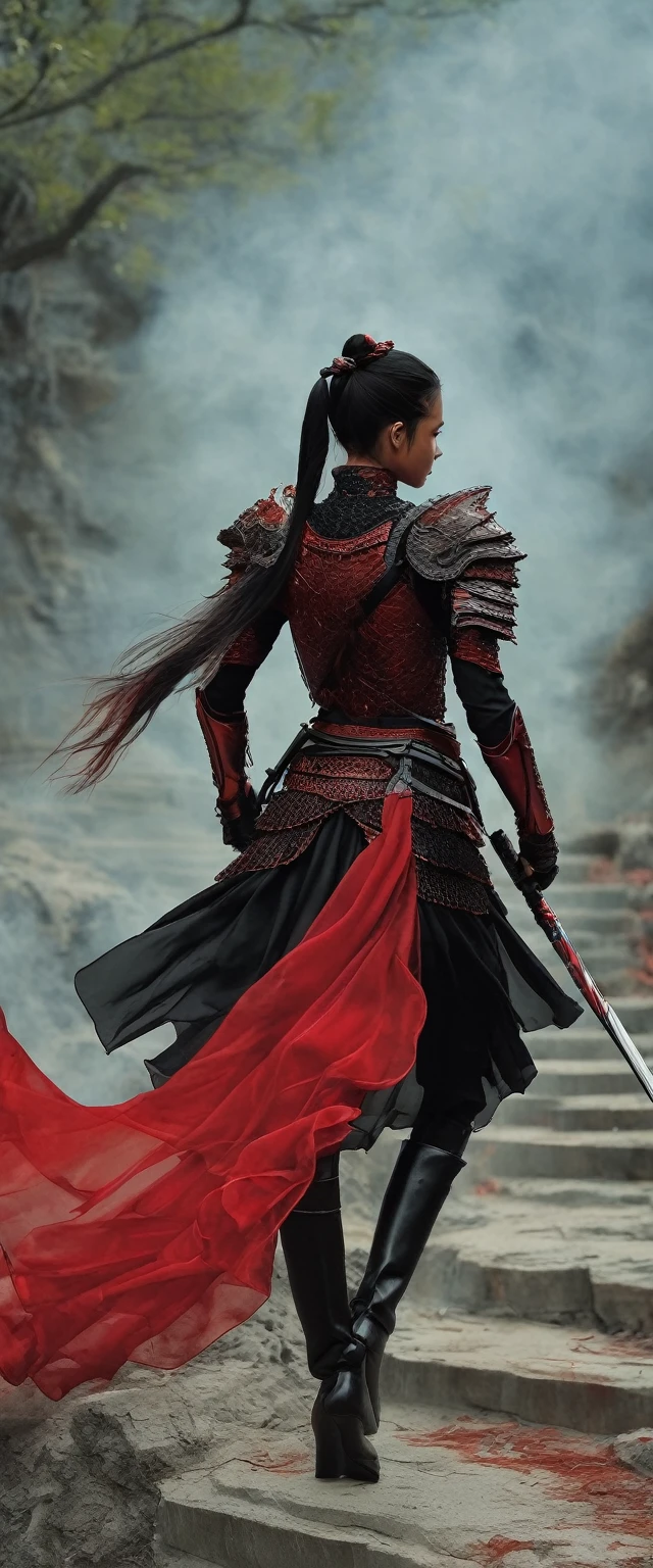 (masterpiece, best quality:1.2), 1girl, solo，walking up a hell，walkwoman in black and red，Red and black armor，Carrying a red tasseled spear on his back，Ponytail，anatomical correct，dynamic pose