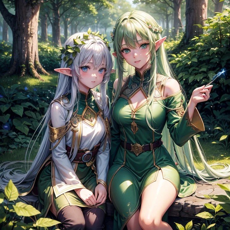(8k, super details, award winning, high res), anime illustration, two elf girls. One with long silver hair, green eyes. The other with short golden hair, blue eyes, in a green tunic. Set in a magical forest with glowing flowers and ancient trees.