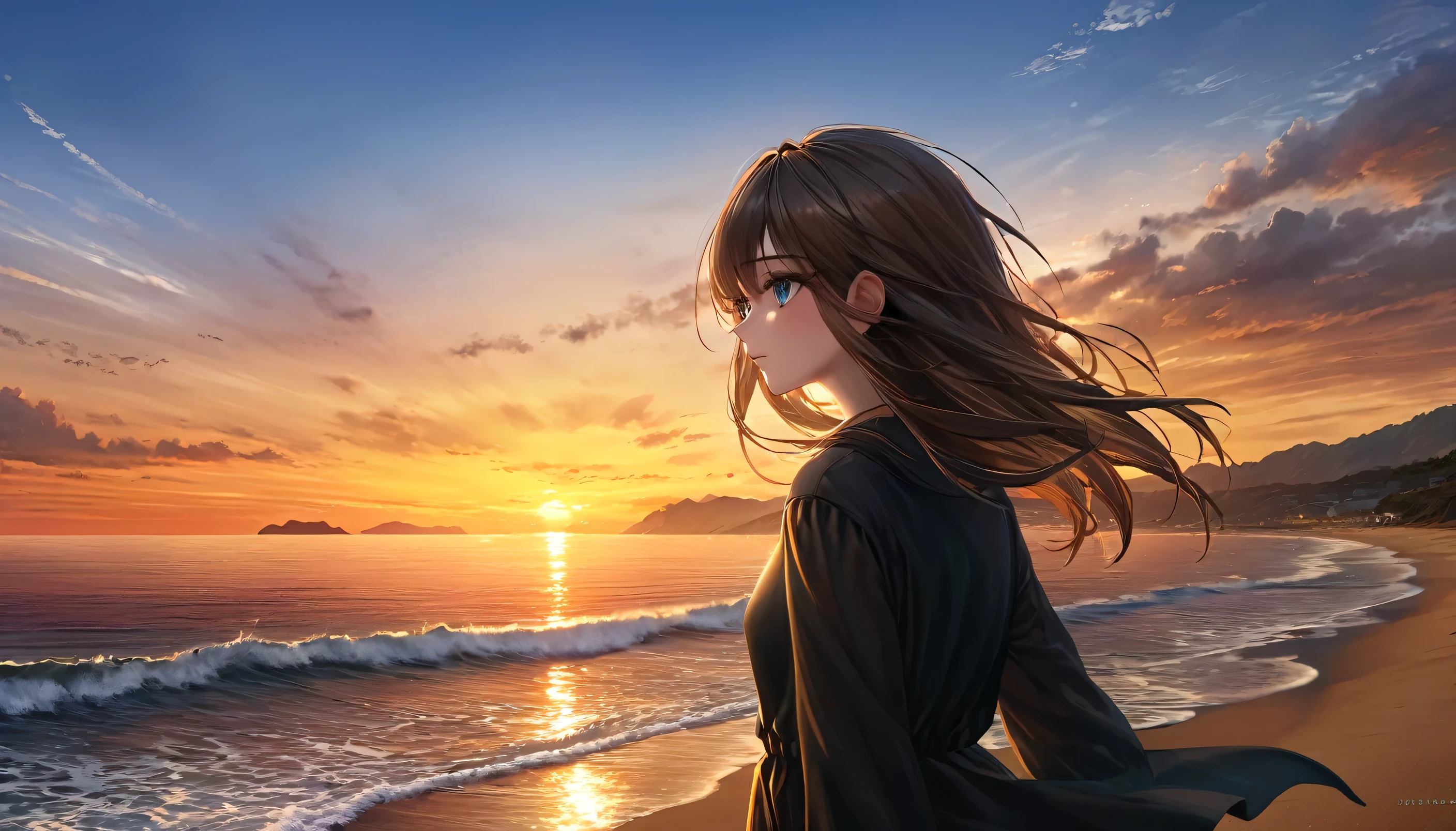 a girl watching the sunset over the sea, backview, distant view, beautiful detailed eyes, beautiful detailed lips, extremely detailed eyes and face, longeyelashes, detailed ocean landscape, dramatic lighting, warm color tones, golden hour, cinematic, photorealistic, hyper detailed, 8k, masterpiece, (best quality,4k,8k,highres,masterpiece:1.2),ultra-detailed,(realistic,photorealistic,photo-realistic:1.37)