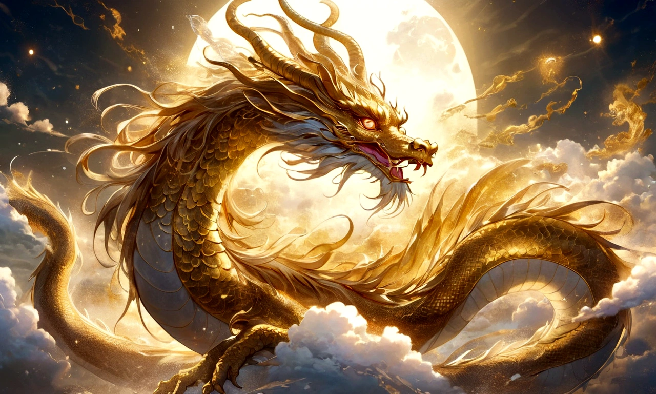 A golden dragon god, gentle gaze, fantastic background, moonlight background, sea of clouds background, golden splashes, mysterious, divine light, mythical creature, traditional Chinese dragon, myth, speckled light, hazy haze, mysterious aura, masterpiece, fantastic, elegant dragon, good fortune, fantasy art