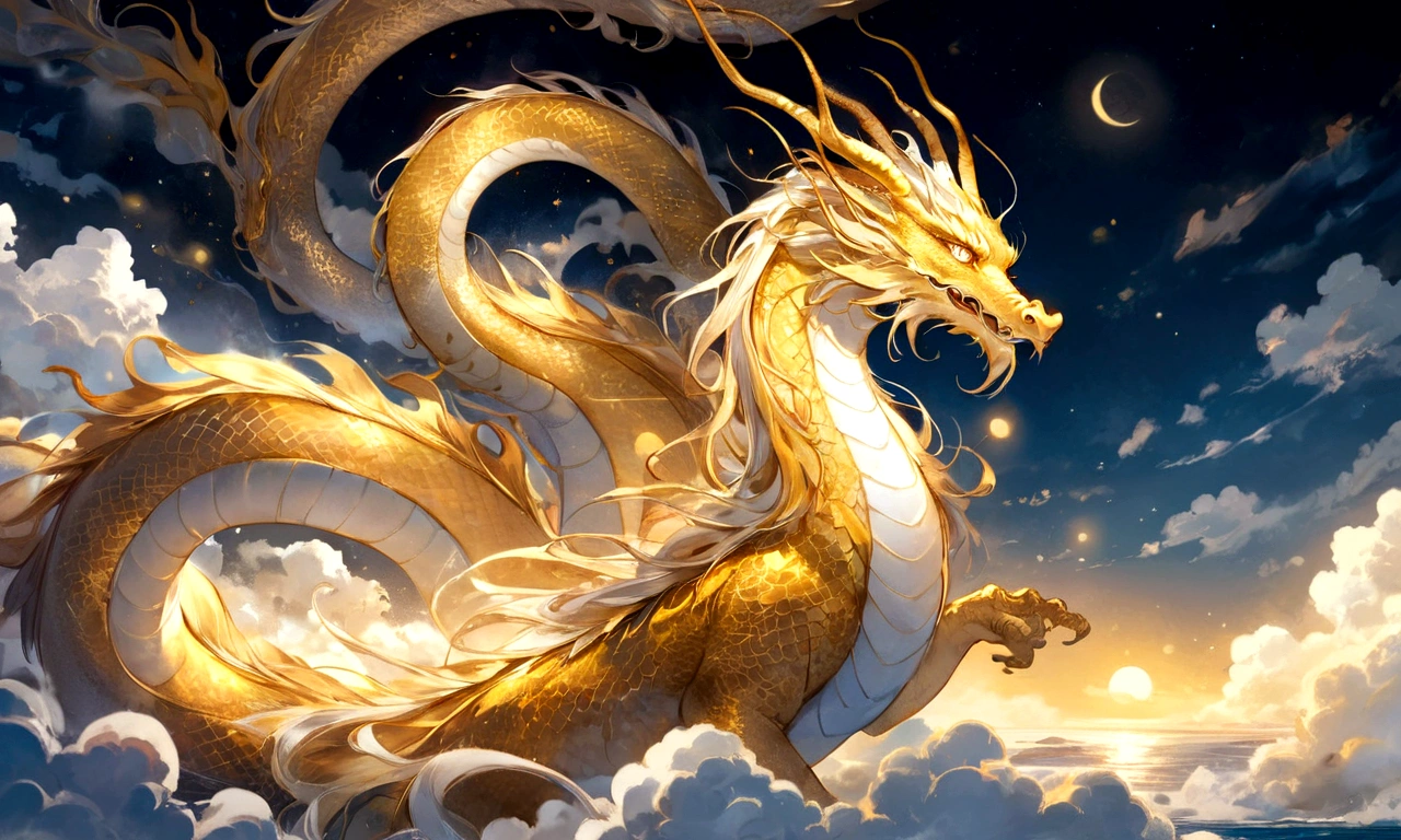 A golden dragon god, gentle gaze, fantastic background, moonlight background, sea of ​​clouds background, golden splashes, mysterious, divine light, mythical creature, traditional Chinese dragon, myth, speckled light, hazy haze, mysterious aura, masterpiece, fantastic, elegant dragon, good fortune, fantasy art