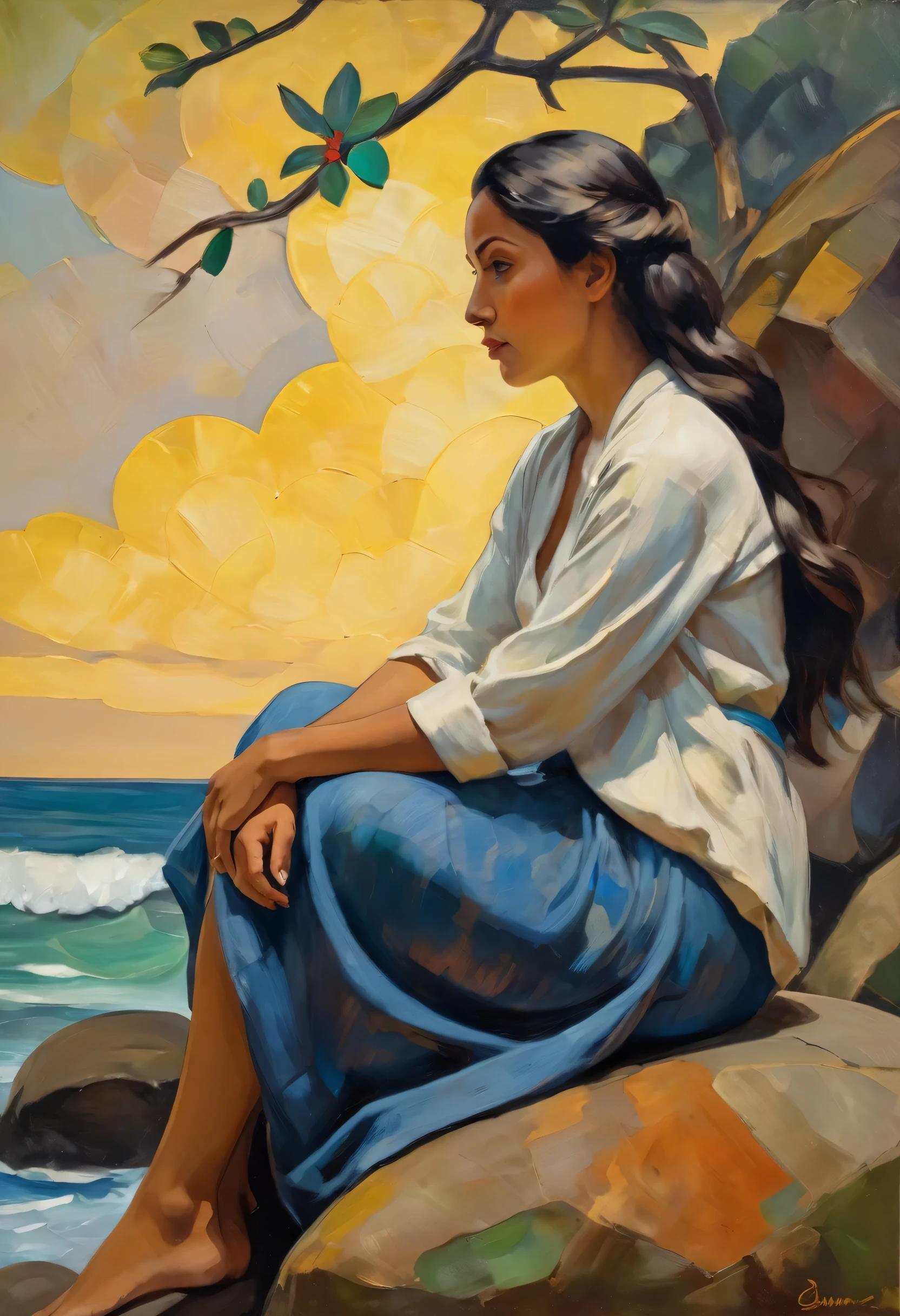 oil painting with brushstrokes, de uma mulher, estilo gaugin , sitting on a rock with her back to the camera, ela tem o cabelo castanho curto, and she&#39;s wearing a dress, detalhado, olhando por cima do ombro, studio lighting