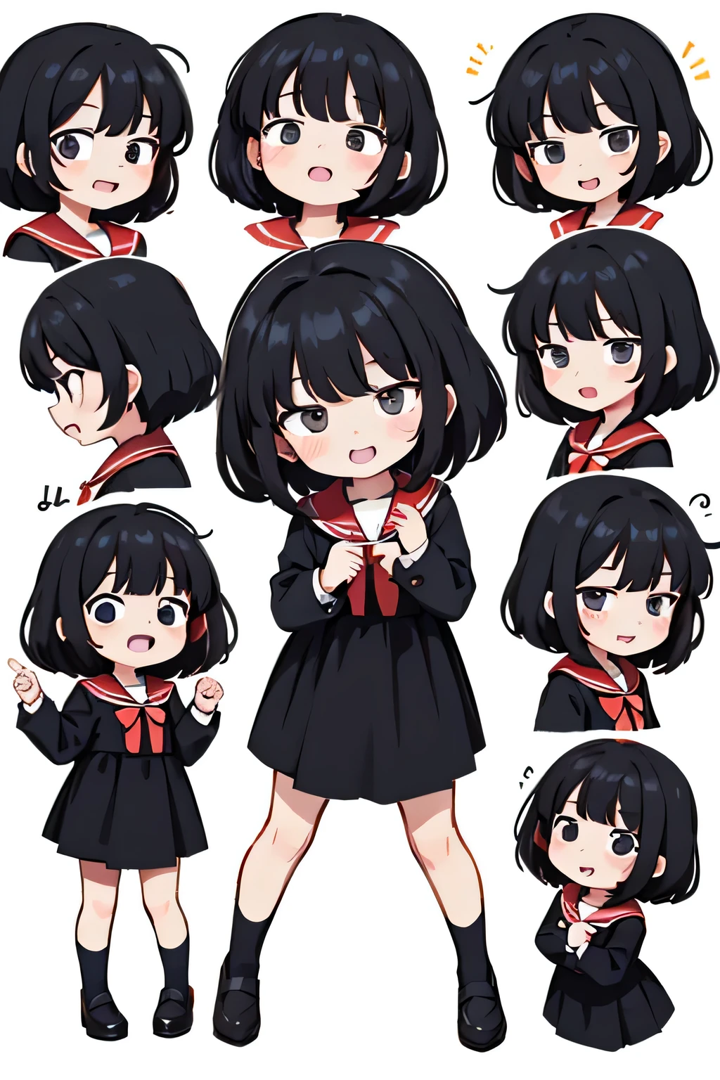 Q version laughing cute girl full body solid color background multiple expressions black eyes