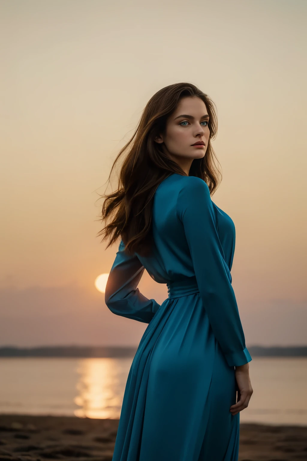 Woman with captivating blue eyes, standing with a subtle elegance, gazing out over a tranquil sunset. A sophisticated fashion model, she dons an elegant red gown that cascades to her ankles, creating an enchanting silhouette against the golden hues of the setting sun. Her brunette locks flow gently in the wind, framing her mesmerizing features. This pristine moment is captured in high definition, with intricate details accentuated by volumetric lighting and dramatic cinematographic light, resulting in a masterpiece of a photograph. UHD, photorealistic, ultra highres, 8k. (Model pose:1.2), SFW.