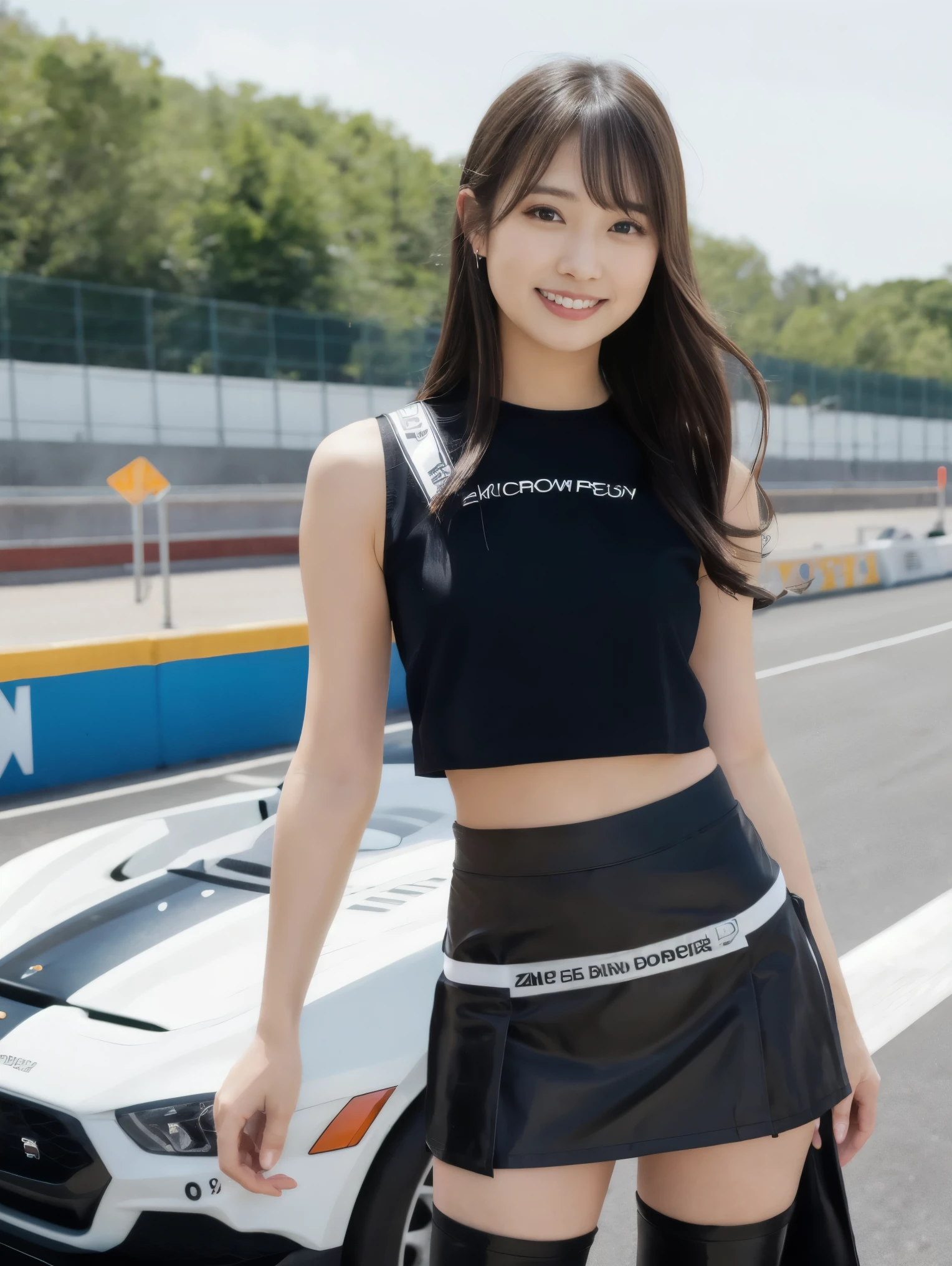 1 girl:1.3),Zent,Black mini skirt,alone,Long Hair,(whole body:1.5),Black Hair,abdomen,smile,Realistic,(Black long boots),Crop top,Are standing,Beautiful Japanese Girl,(Race Queen),wave hands,thin,Detailed aspect,Beautiful Hair,Beautiful Skin,smile,Beautiful person (woman),(dynamic_angle:1.2),Depth of written boundary,, (8k, RAW Photos, highest quality, masterpiece:1.2), (Realistic, photo-Realistic:1.37),Ultra-high resolution, Super detailed, Super detailed, Detailed skin, Sharp focus,(Beige pantyhose)、(黒のRace Queenのエナメルコスチューム)、At a Japanese circuit、Large crowd、Cool sports car、