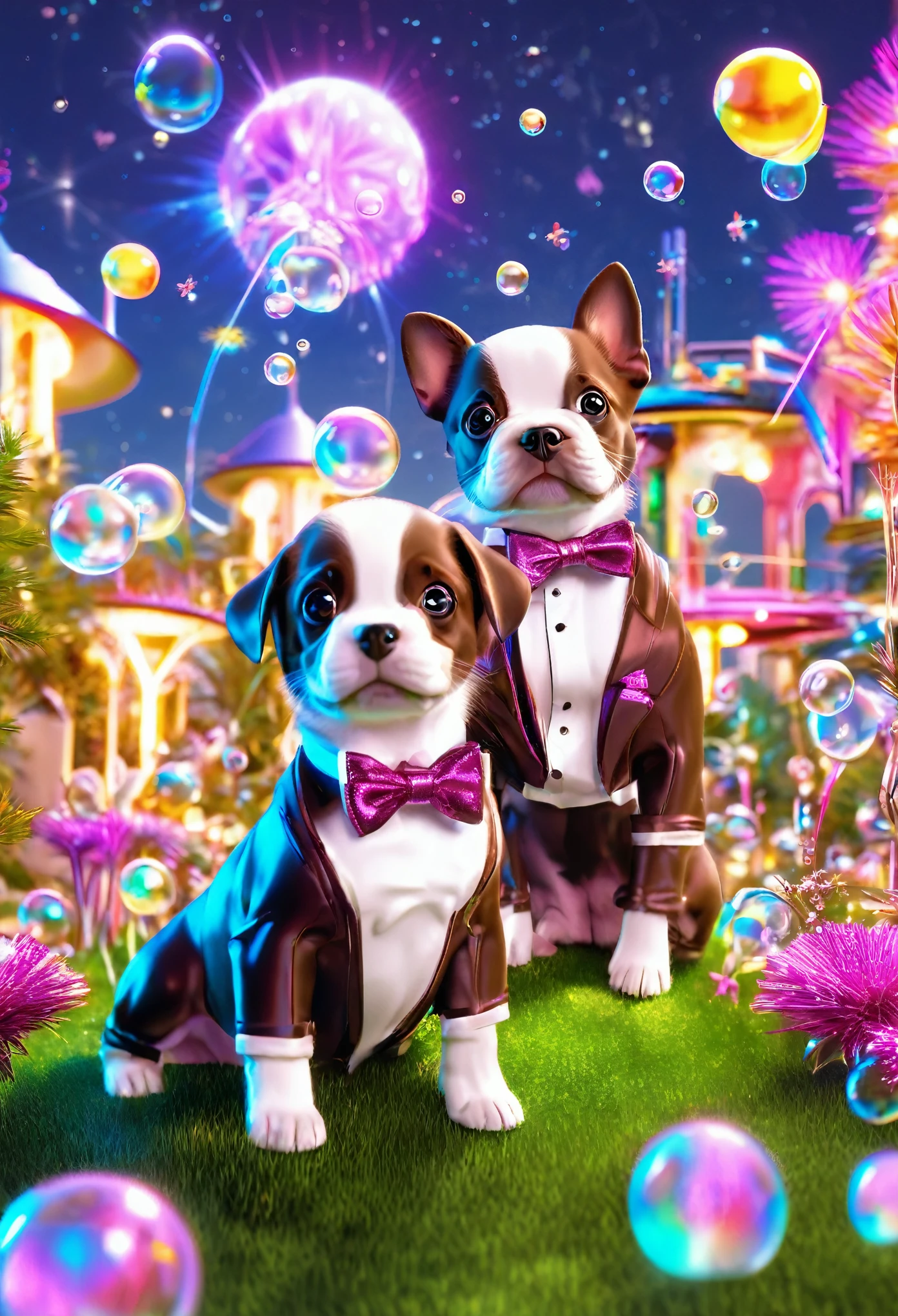 A stunning (((wide angle shot))), capturing joyful, (((puppies))) dressed in a sleek (((brown tuxedo))) and bow tie, jumping playfully towards a twinkling night sky filled with (((floating, glittering bubbles))), all set against a backdrop of a whimsically futuristic (((sci fi garden))) adorned with colorful, glowing cookies and milk and hovering, gleaming vehicles that silently glide through the starry sky, shining with iridescent light.