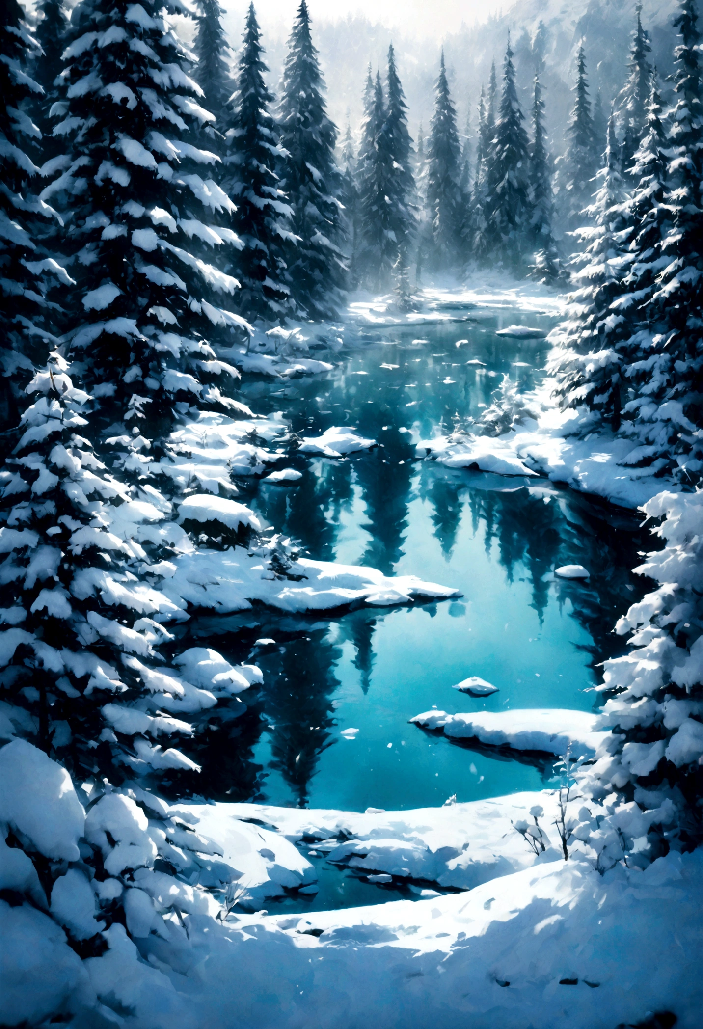 Small lake surrounded by frozen coniferous forest, Snow on trees, winter, Intricate details, masterpiece, nostalgic atmosphere, light, Clear focus, 4k, photo, The art of math, Fantasy style