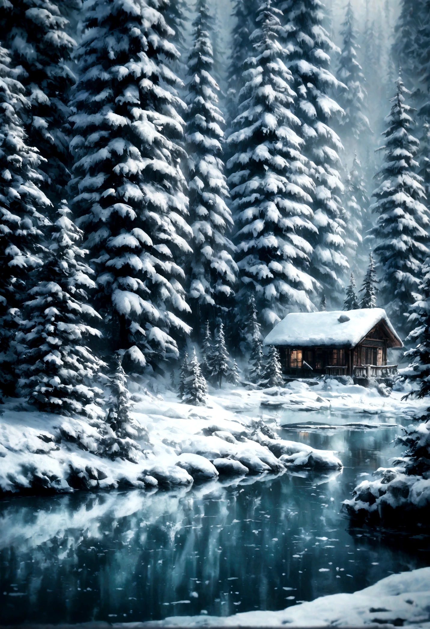 Small lake surrounded by frozen coniferous forest, Snow on trees, winter, Intricate details, masterpiece, nostalgic atmosphere, light, Clear focus, 4k, photo, The art of math, Fantasy style