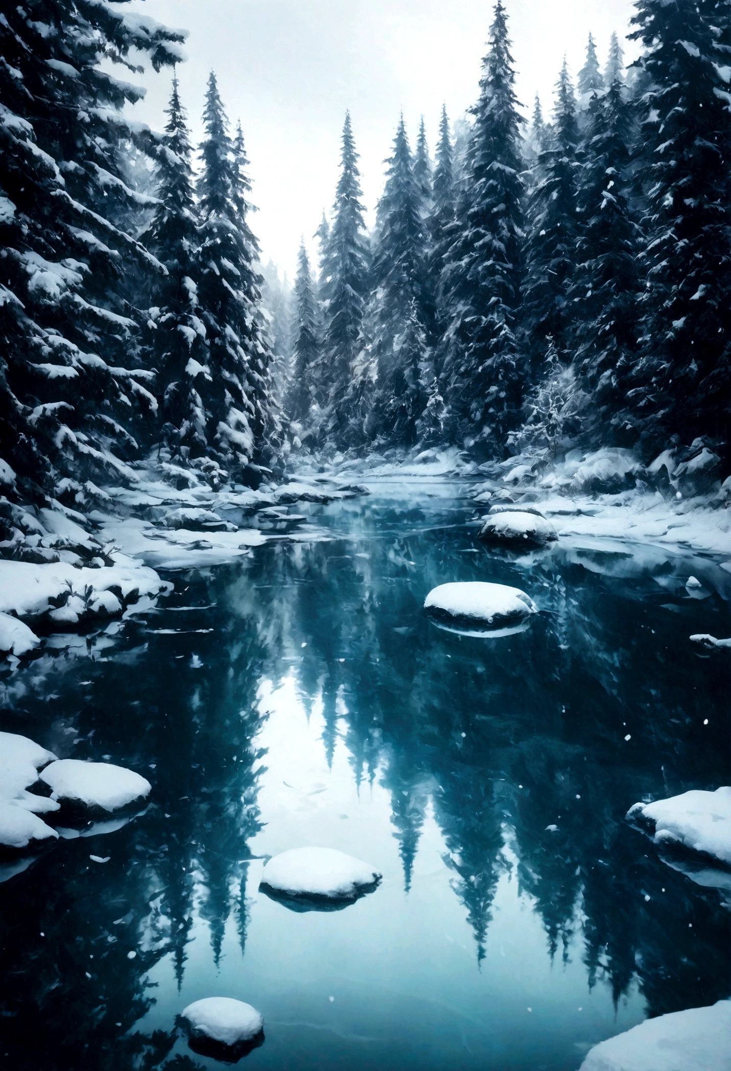 Small lake surrounded by frozen coniferous forest, Snow on trees, winter, Intricate details, masterpiece, nostalgic atmosphere, light, Clear focus, 4k, photo, The art of math, Fantasy style