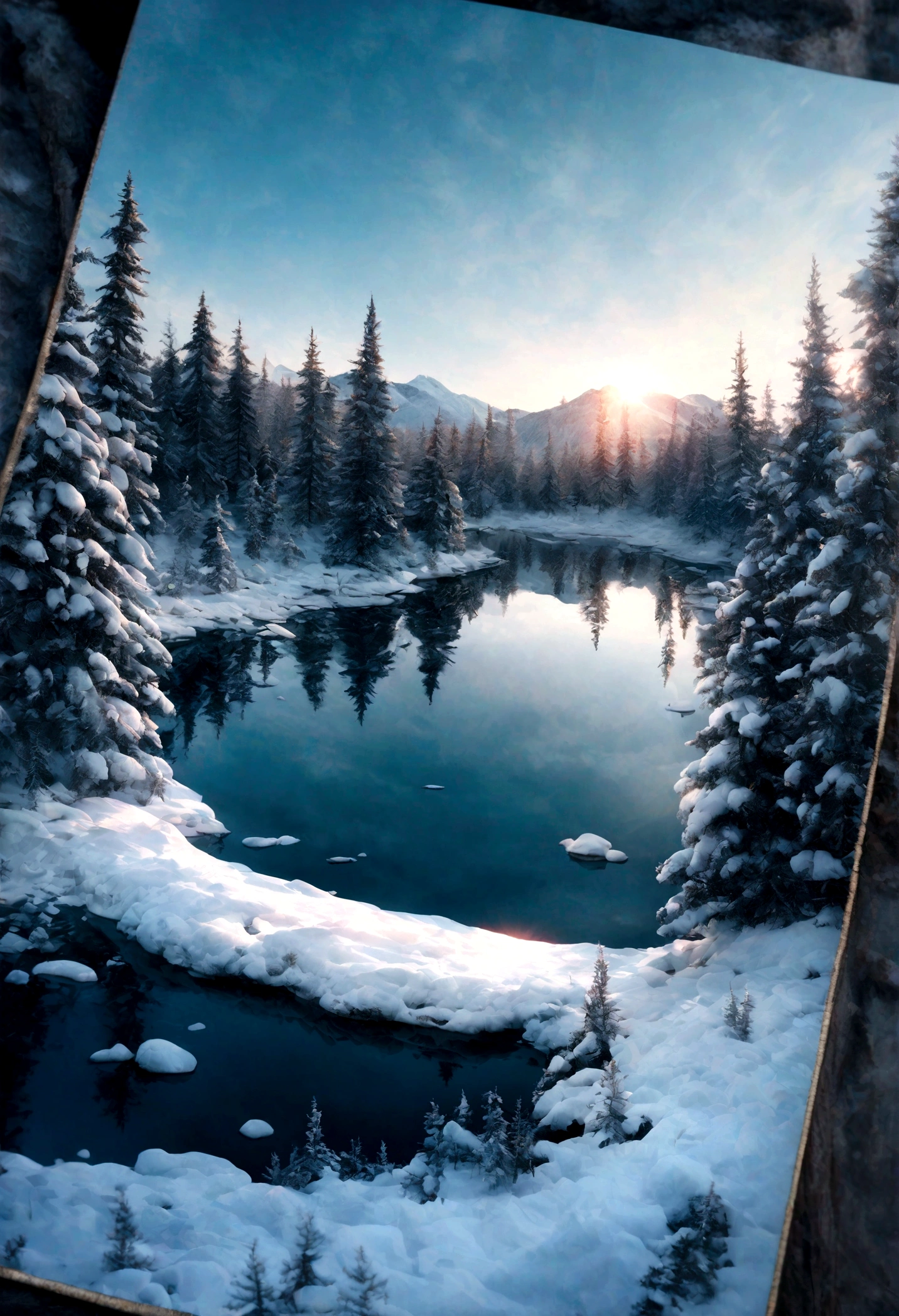 Small lake surrounded by frozen coniferous forest, Snow on trees, winter, Intricate details, masterpiece, nostalgic atmosphere, light, Clear focus, 4k, photo, The art of math, Fantasy style