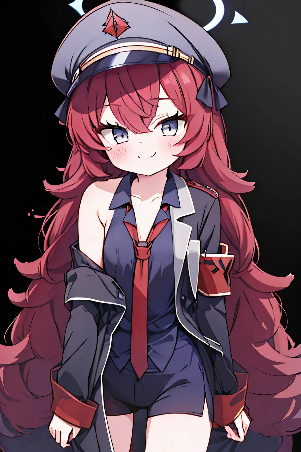 One girl, View Viewer, A Seductive Smile,  Upper Body, Iroha，fluffy long hair,  Halo, Black long suit,Black inner shirt(Oversized)， "red"tie, Black shorts,Red hair,military cap，"Grey Eyes"，((Small breasts))，((Seductively narrowed eyes))，Blue Archive