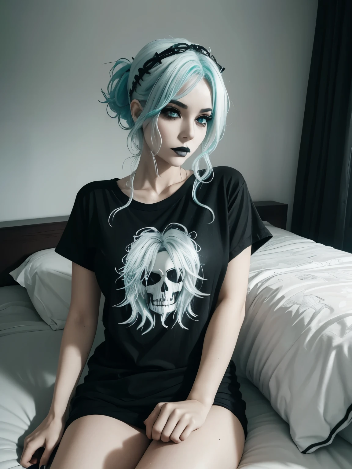 woman, aqua and white hair, messy hair, bedhead, bedhair, black tshirt, goth, skull print, goth, goth makeup, goth bedroom, bedroom, hairpin