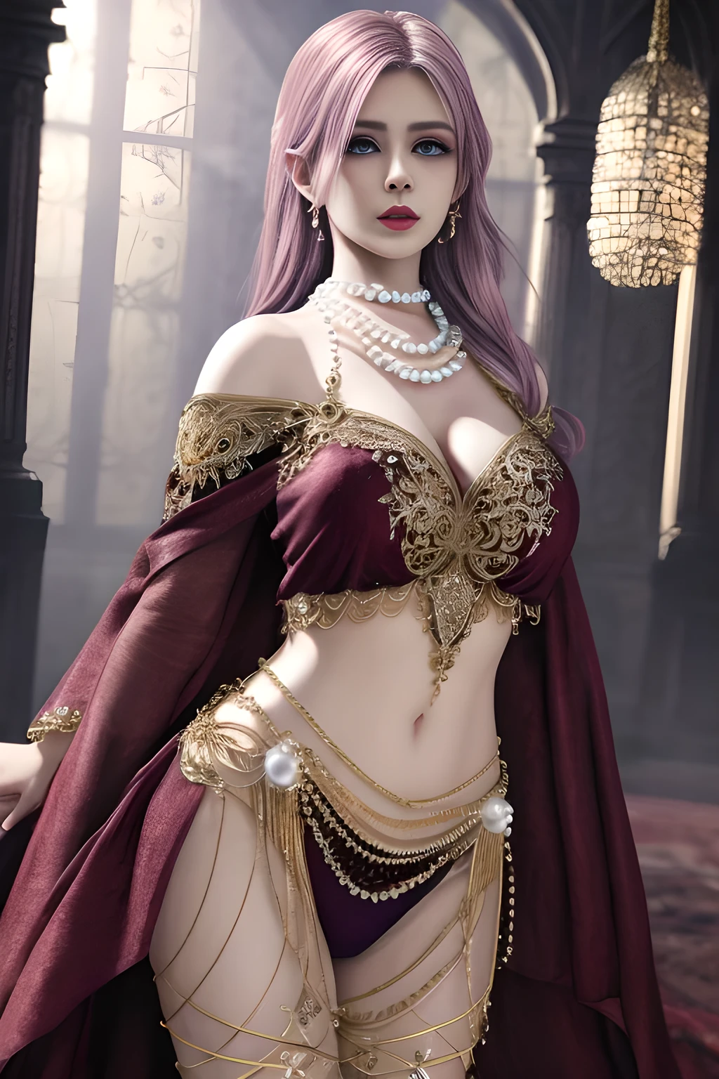 1girl, ice-crystal embellished dress, unclothed body, jewel, lace cloak, fluffs, pearl bodychain, beautiful detailed eyes, beautiful detailed lips, extremely detailed eyes and face, long eyelashes, best quality, 4k, 8k, highres, masterpiece, ultra-detailed, realistic, photorealistic, photo-realistic, ethereal glow, regal elegance, intricate details, luxurious, otherworldly beauty, dark atmospheric background, supernatural aura,  elise,