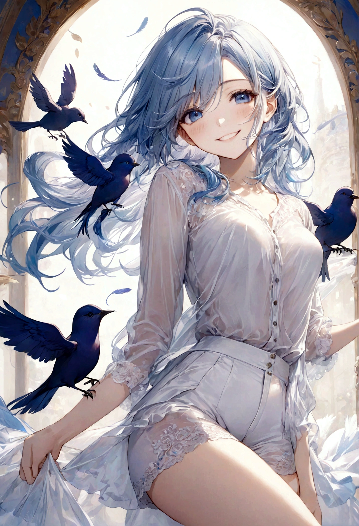 ((top-quality)), ((masterpiece)), ((ultra-detailliert)), (extremely delicate and beautiful), beautiful woman, bright light blue hair, long wavy hair, sapphire blue eyes, wearing sheer white shirt, wearing sheer white shorts, graceful smile, sweet smile, relaxed expression, fair complexion, round bird, dark purple bird, feathers in the background