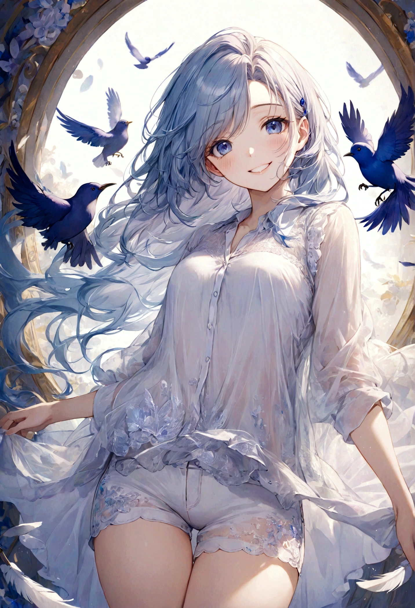 ((top-quality)), ((masterpiece)), ((ultra-detailliert)), (extremely delicate and beautiful), beautiful woman, bright light blue hair, long wavy hair, sapphire blue eyes, wearing sheer white shirt, wearing sheer white shorts, graceful smile, sweet smile, relaxed expression, fair complexion, round bird, dark purple bird, feathers in the background