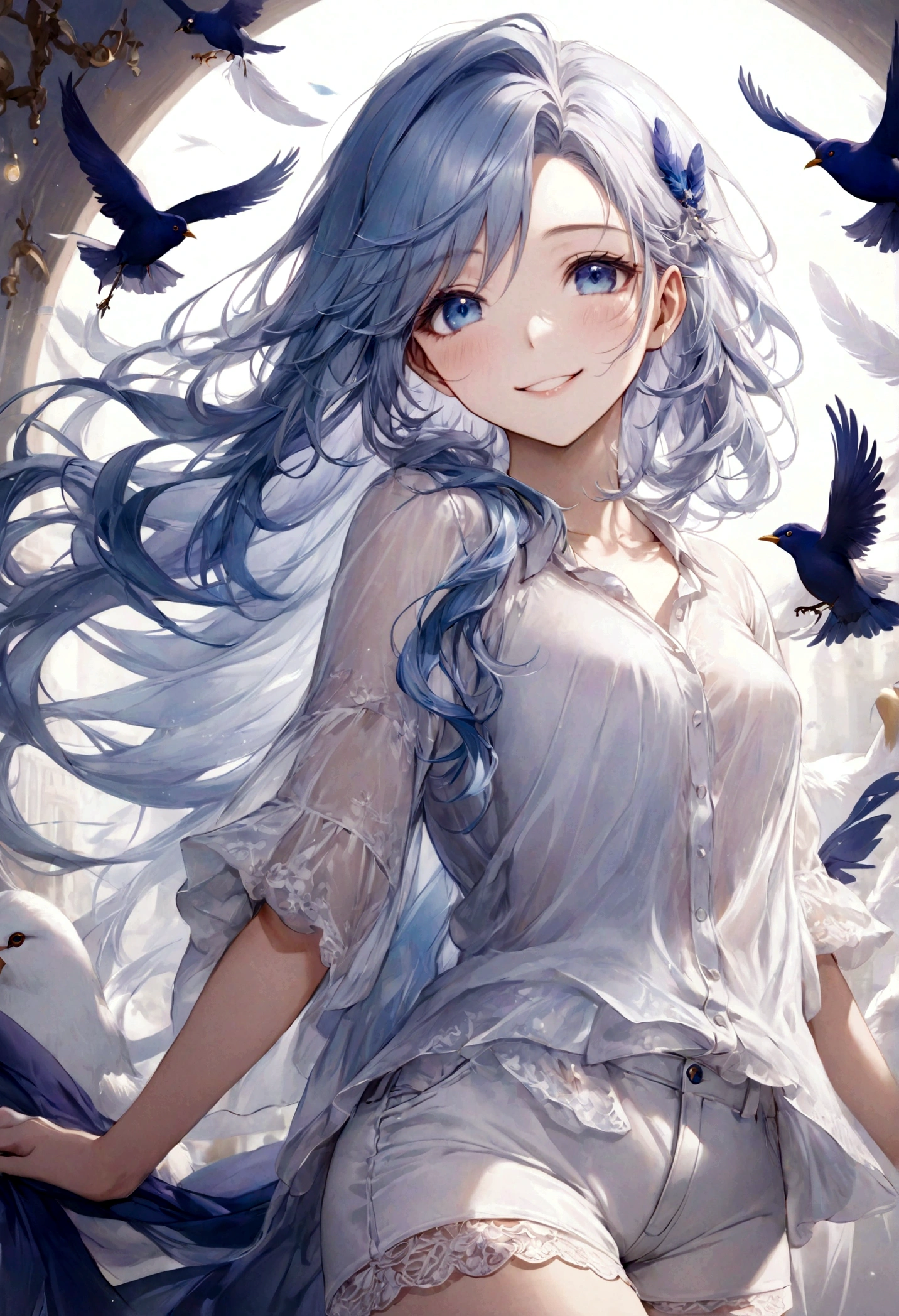 ((top-quality)), ((masterpiece)), ((ultra-detailliert)), (extremely delicate and beautiful), beautiful woman, bright light blue hair, long wavy hair, sapphire blue eyes, wearing sheer white shirt, wearing sheer white shorts, graceful smile, sweet smile, relaxed expression, fair complexion, round bird, dark purple bird, feathers in the background