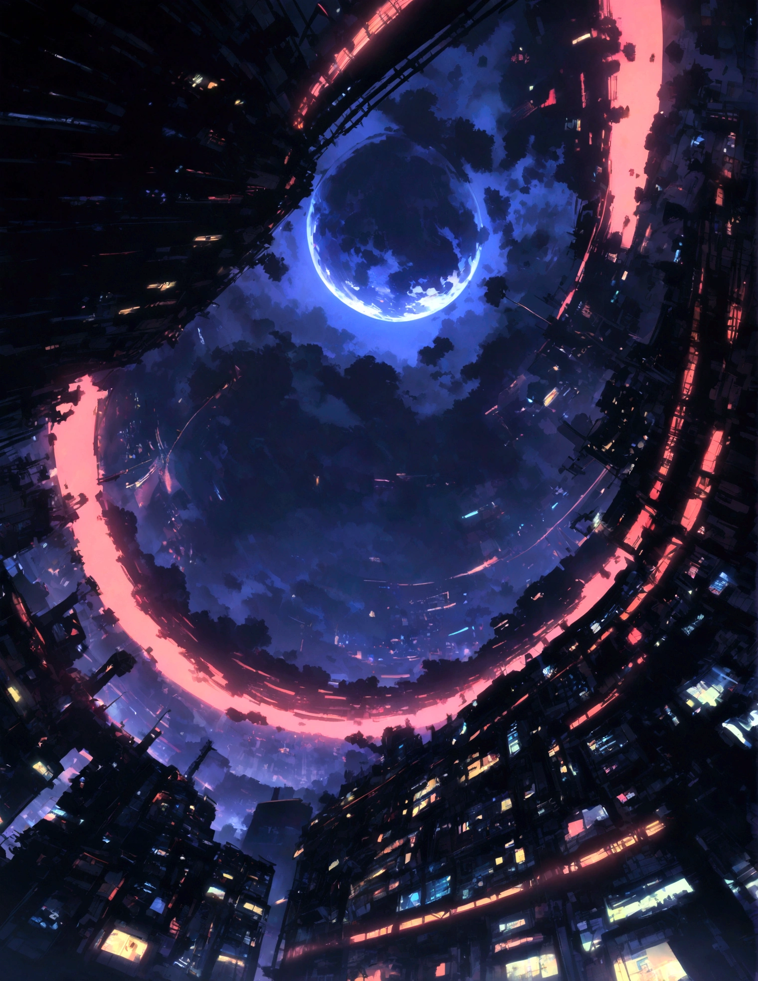 High-tech learning city technology looking up landscape, from below, view, deep in night, night, Best quality dark background