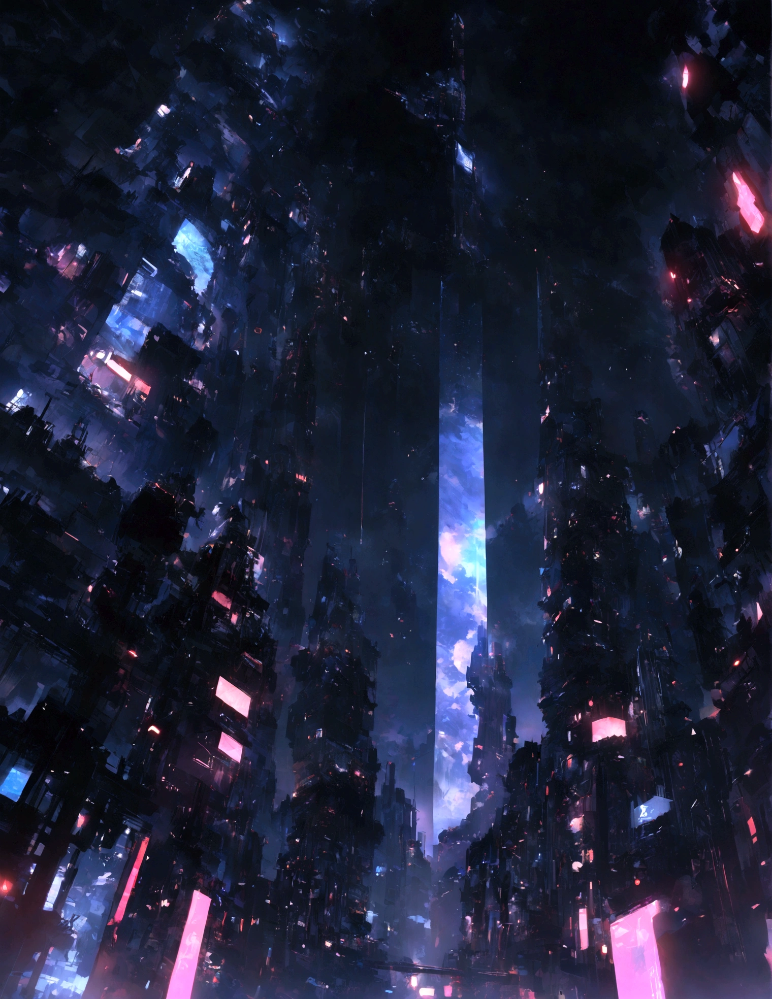 High-tech learning city technology looking up landscape, from below, view, deep in night, night, Best quality dark background