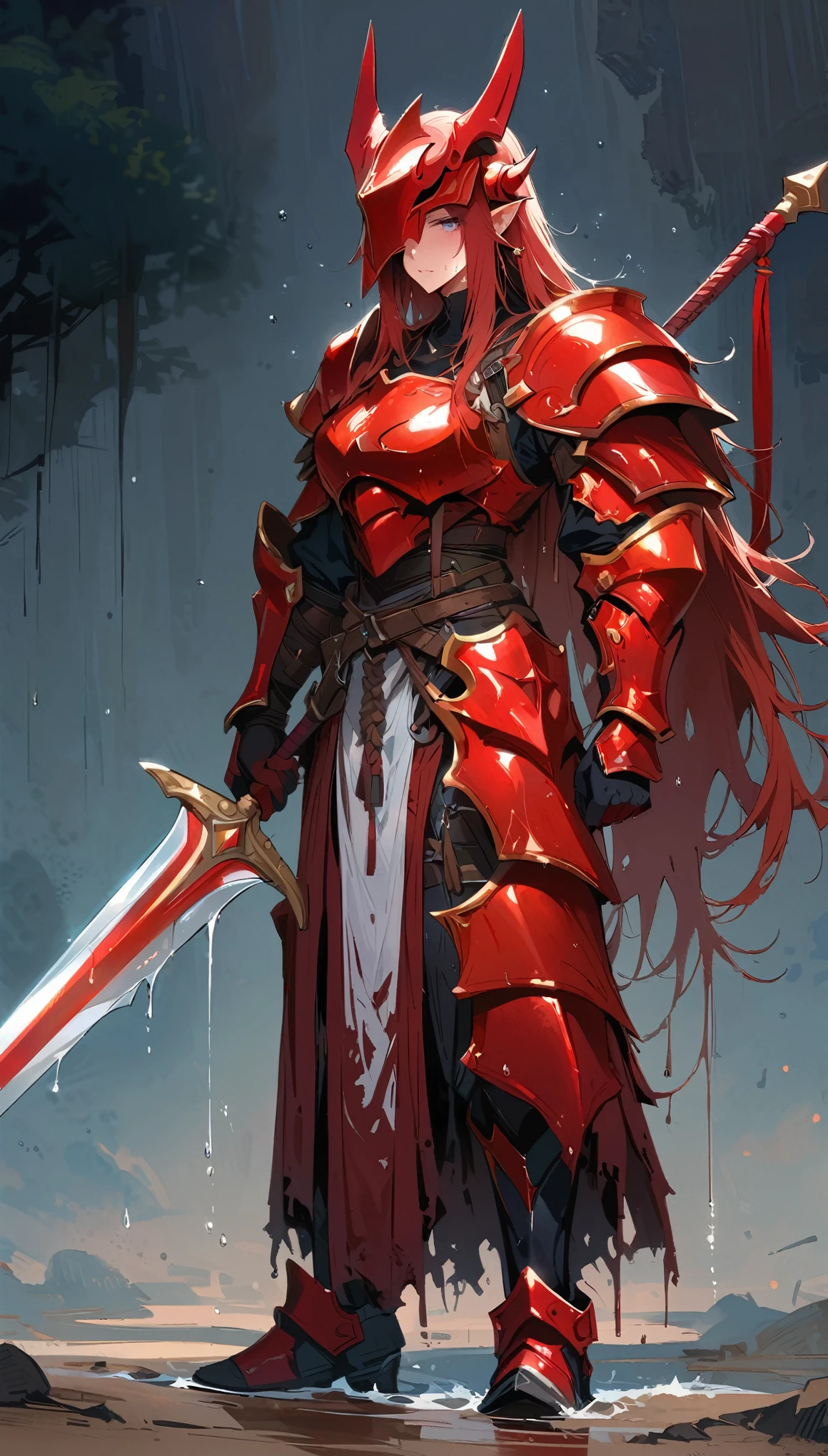 (masterpiece, best quality:1.2),solo,dark skin,sweating skin, (1 female warrior,red long hair)(hair over one eye, wet hair),wearing Red metal Armor,Red Dragon Helmet,her right hand carry a golden spear,Full body